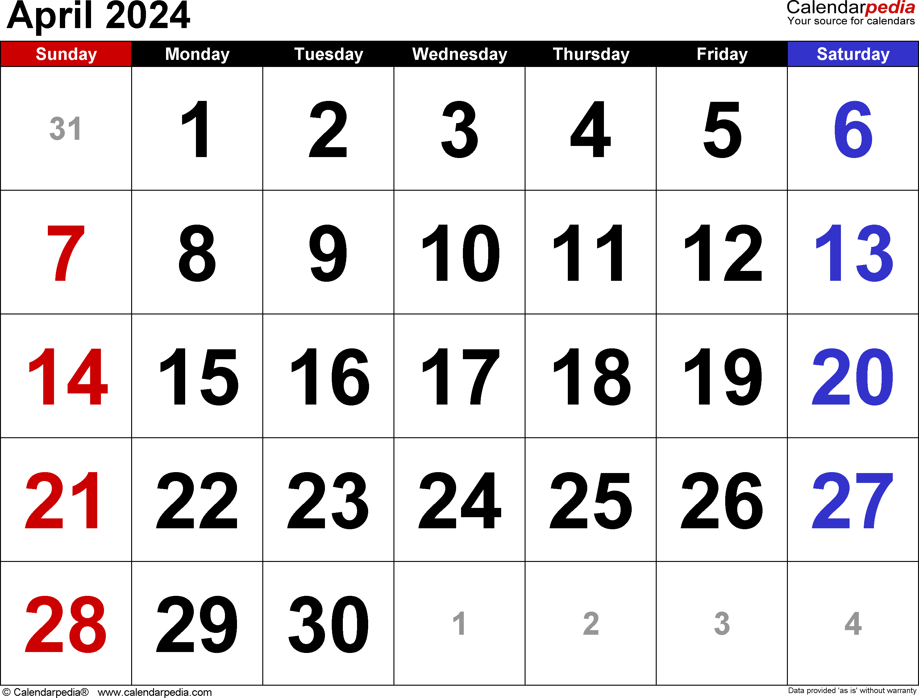April 2024 Calendar | Templates For Word, Excel And Pdf in 2024 April Calendar