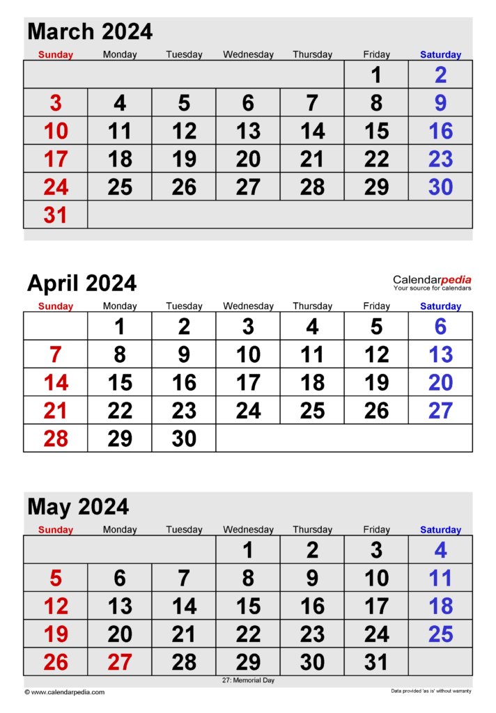 March April May 2024 Calendar Printable Calendar 2025