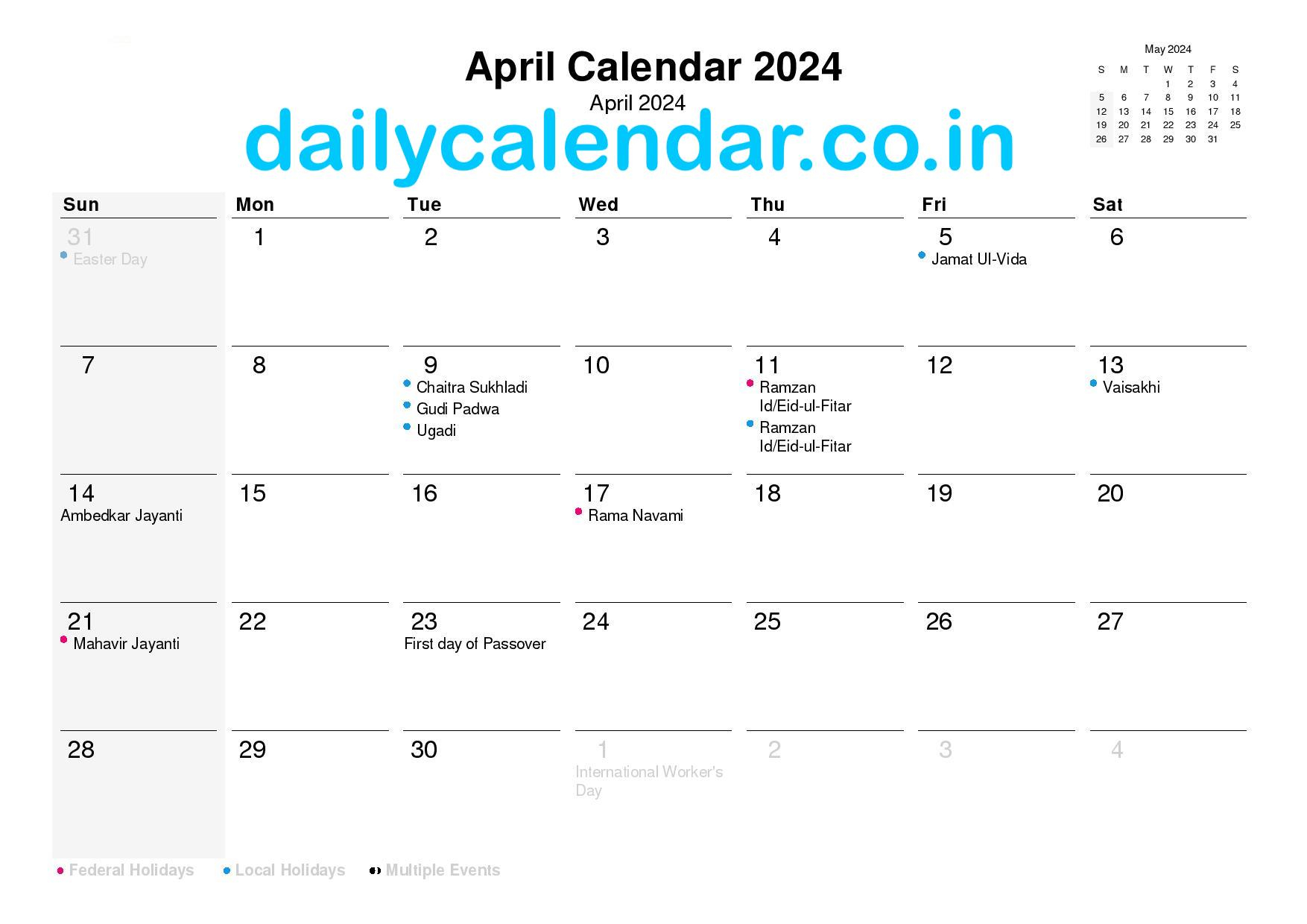 April 2024 Calendar With Holidays India [Hindu Calendar] Pdf for Holidays April 2024 Calendar