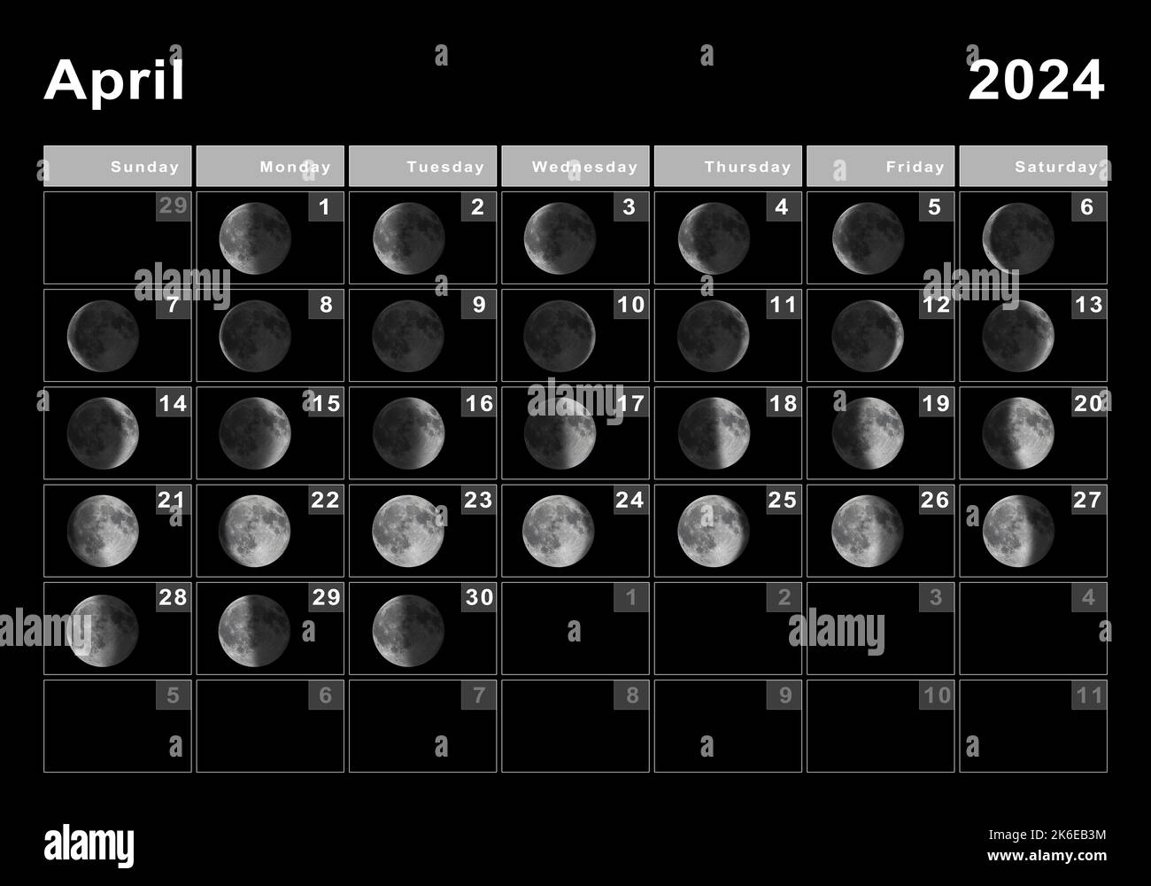 April 2024 Lunar Calendar, Moon Cycles, Moon Phases Stock Photo in April 2024 Moon Calendar