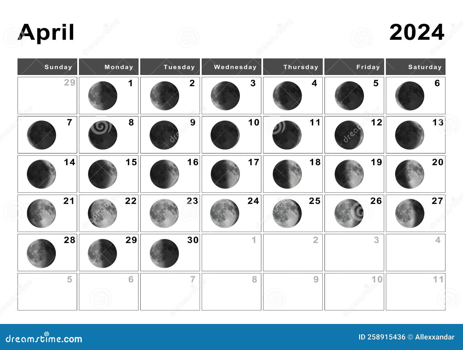 April 2024 Lunar Calendar, Moon Cycles Stock Illustration in Lunar Calendar April 2024