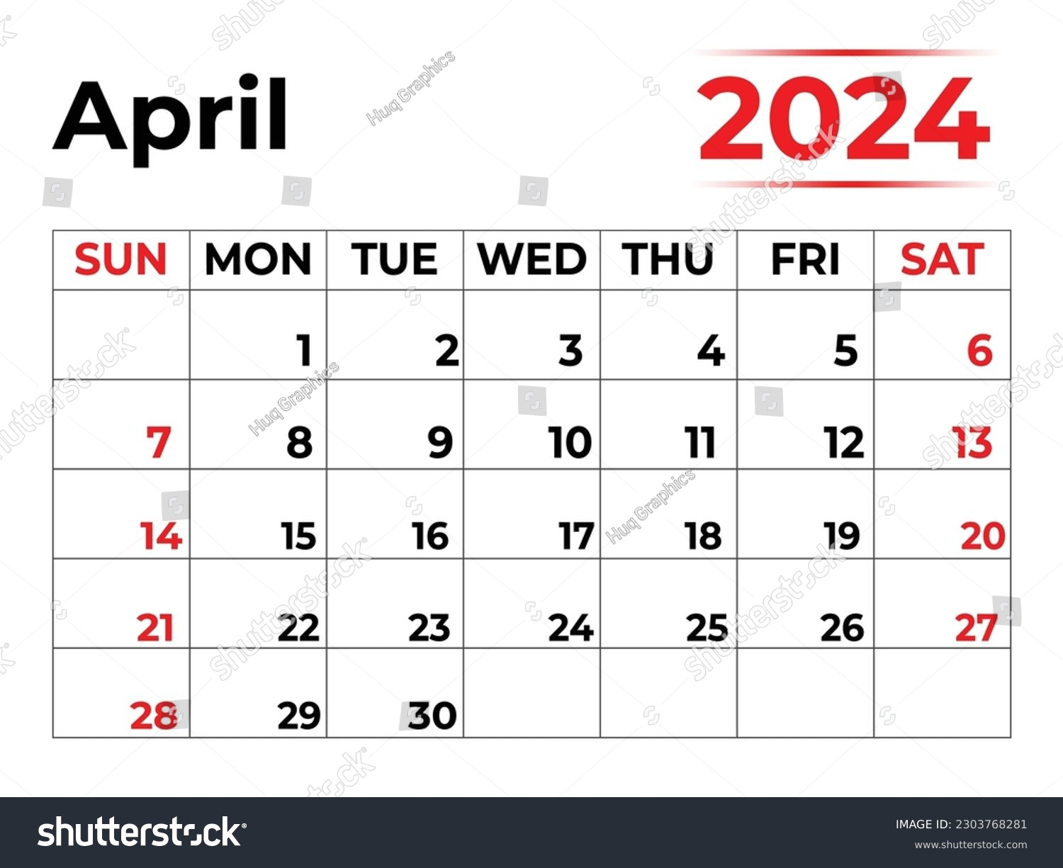 April 2024 Monthly Calendar Design Clean Stock Vector (Royalty with April -May 2024 Calendar