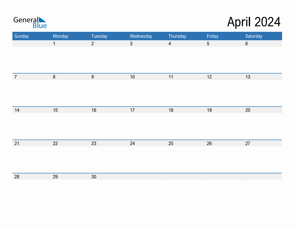April 2024 Monthly Calendar (Pdf, Word, Excel) in General Blue April 2024 Calendar