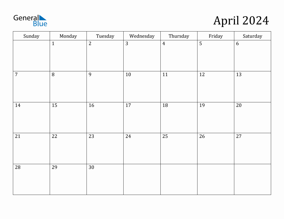 April 2024 Monthly Calendar regarding General Blue April 2024 Calendar