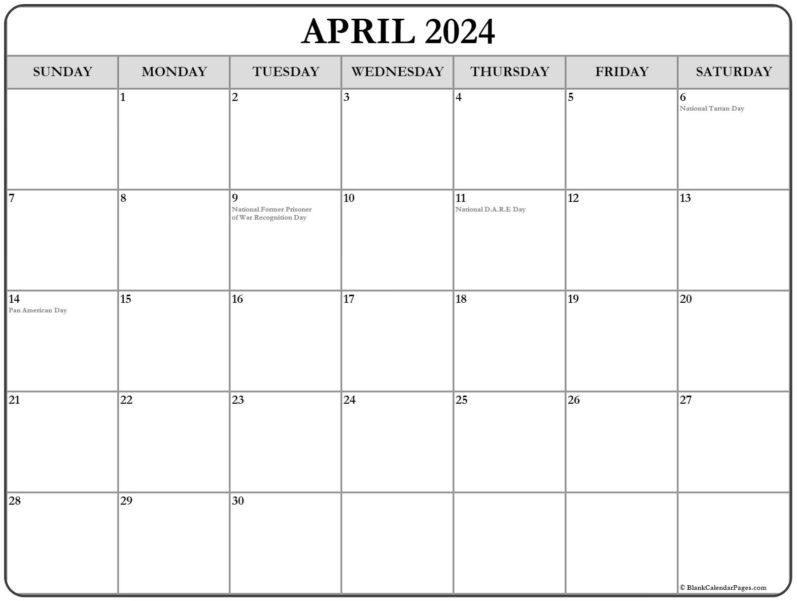 April 2024 With Holidays Calendar inside National Day Calendar April 2024