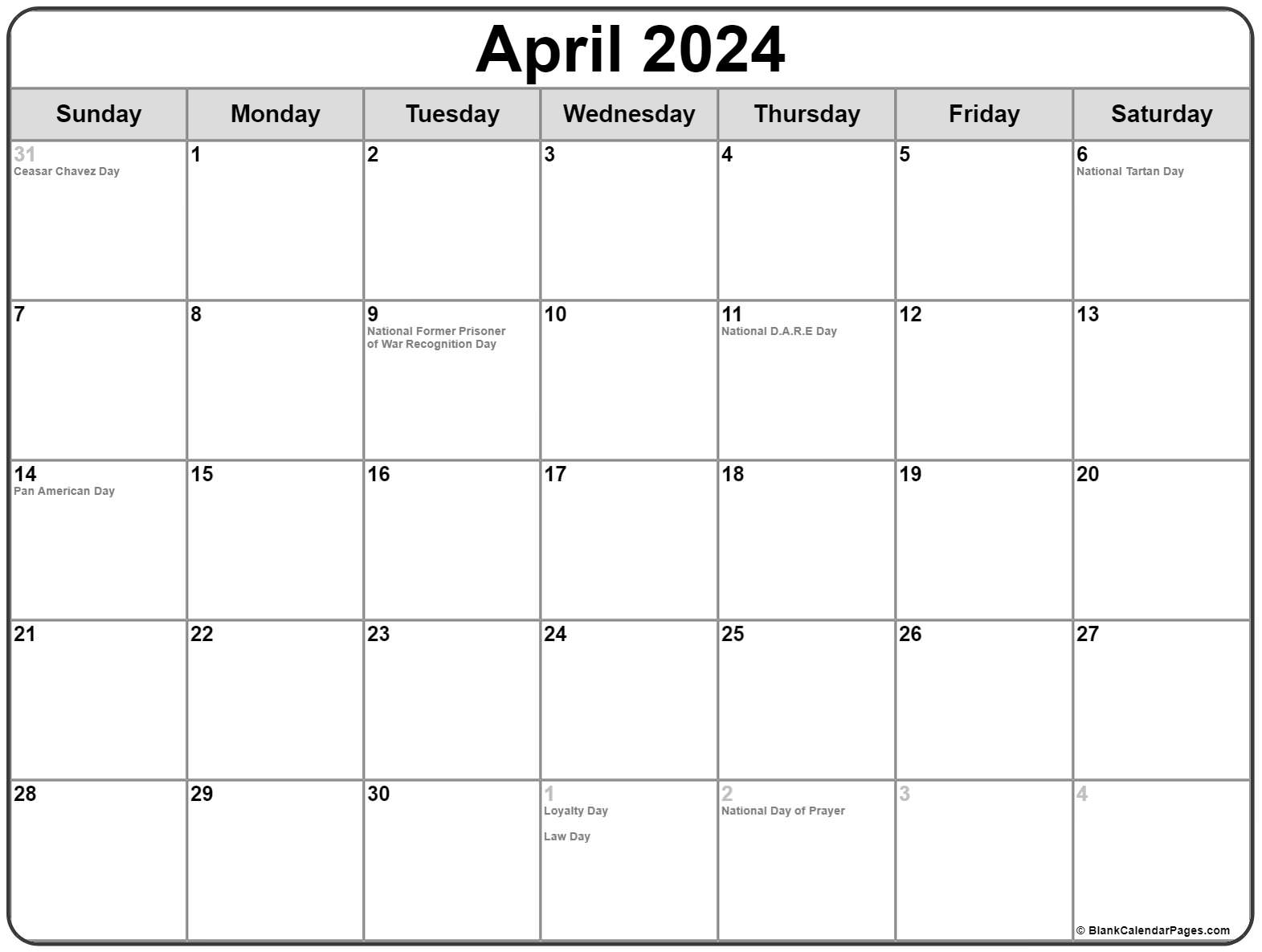 April 2024 With Holidays Calendar intended for National Day Calendar April 2024