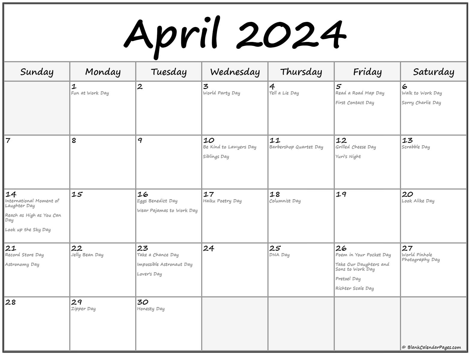 April 2024 With Holidays Calendar within National Day Calendar April 2024