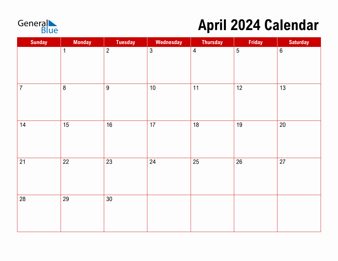 Basic Monthly Calendar - April 2024 in General Blue April 2024 Calendar