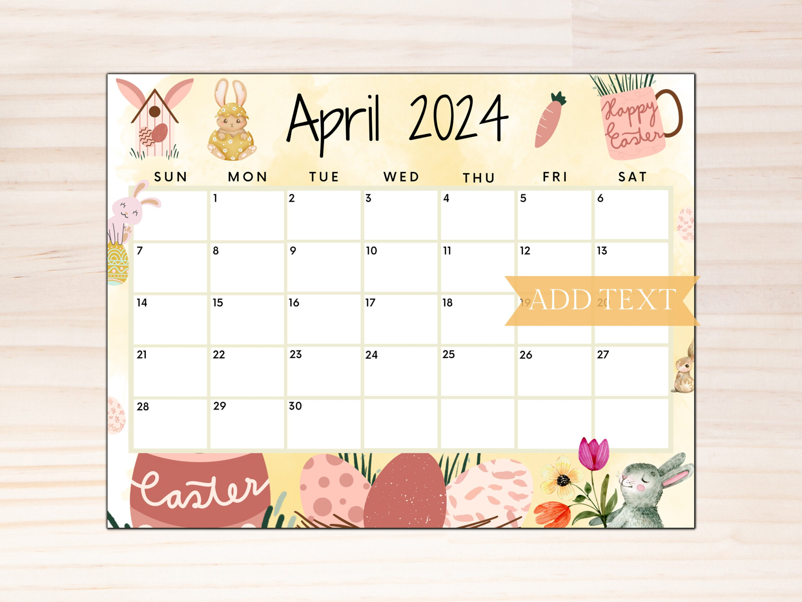 Bewerkbare Kalender April 2024, Afdrukbare Muurkalender 2024, Gele intended for Easter April 2024 Calendar