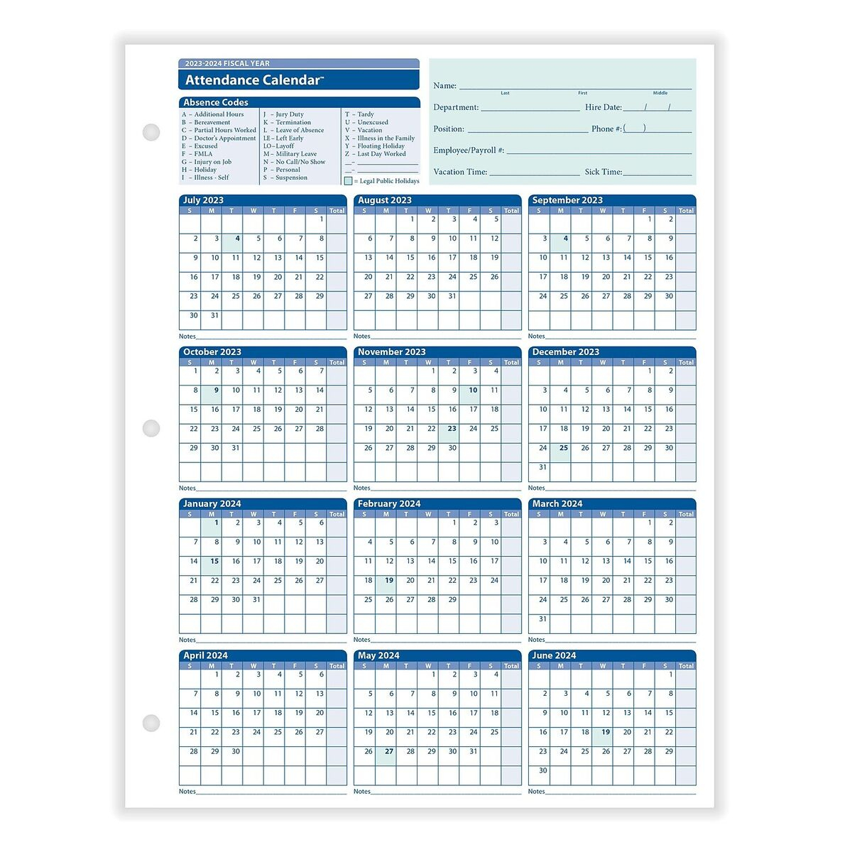 Complyright 2023-2024 Fiscal Attendance Calendar 50/Pack intended for Complyright Attendance Calendar 2024