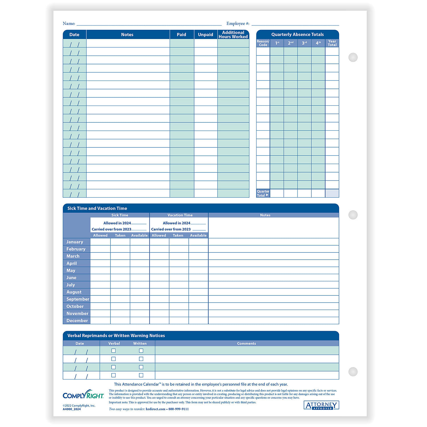 Complyright 2024 Attendance Calendar In White - 50/Pack within Attendance Sheet April 2024