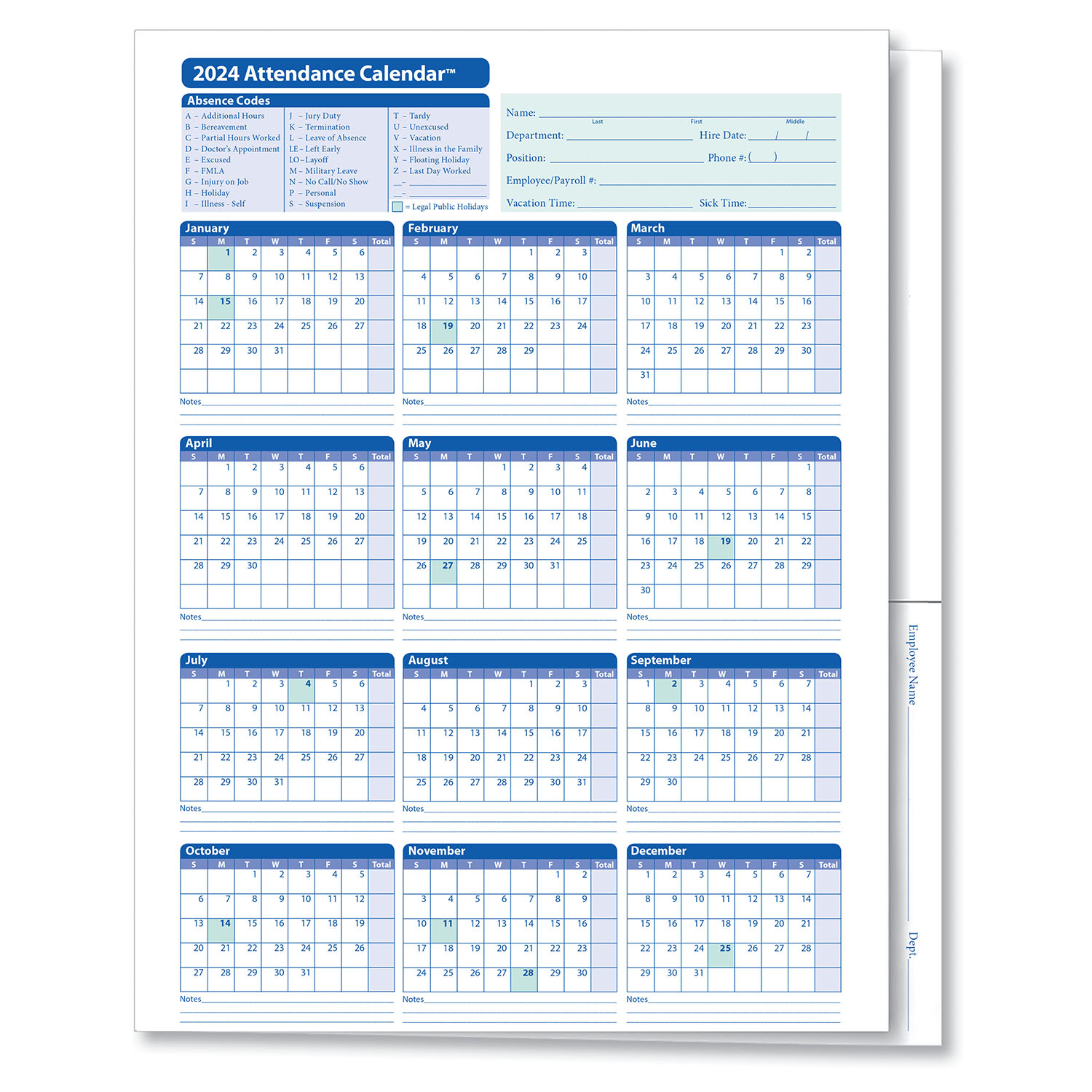 Complyrightdealer | 2024 Attendance Calendar Folder, Pack Of 25 in 2024 Employee Attendance Calendar