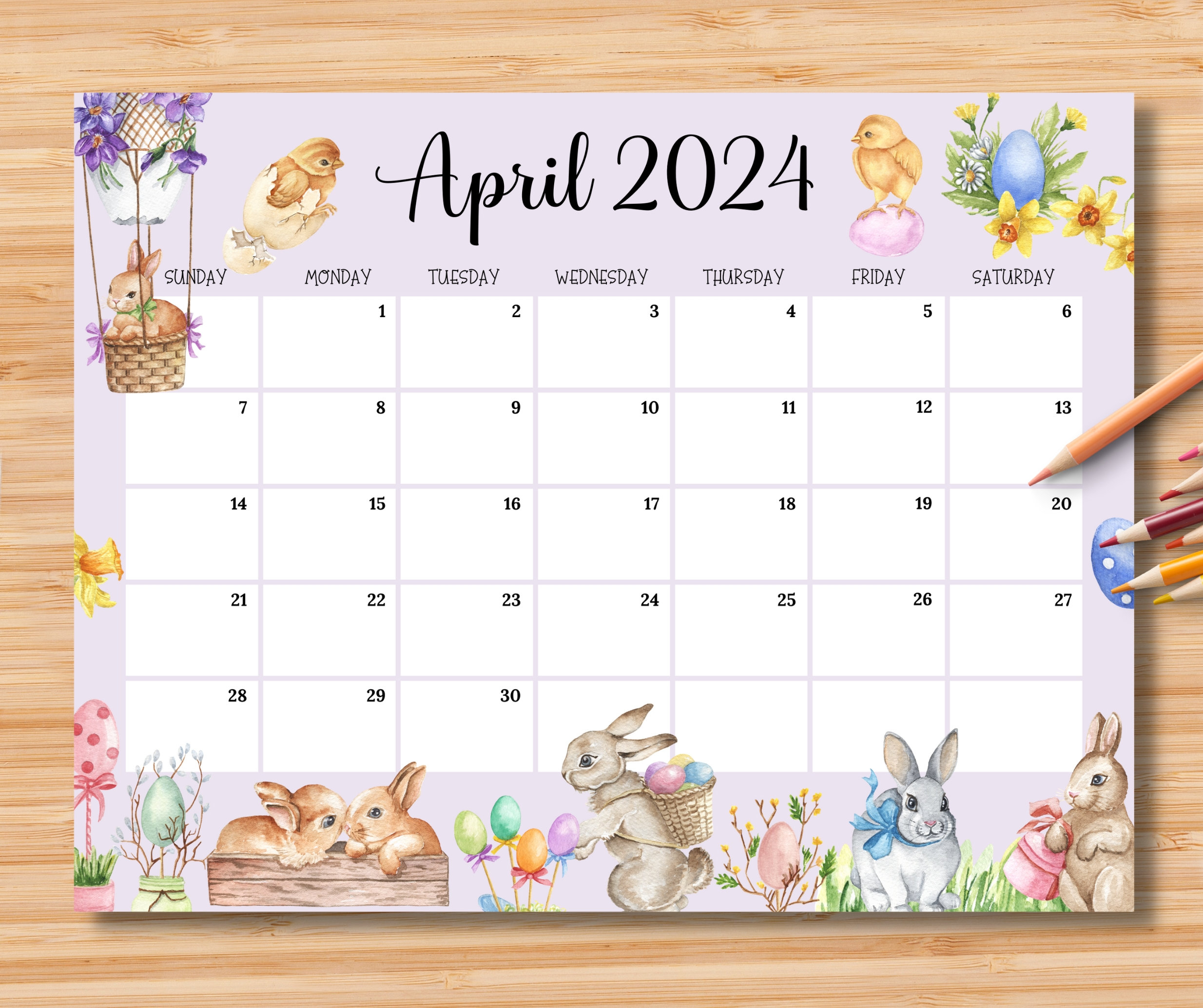 Editable April 2024 Calendar, Happy Easter Day 2024 With Cute for April 2024 Calendar Editable