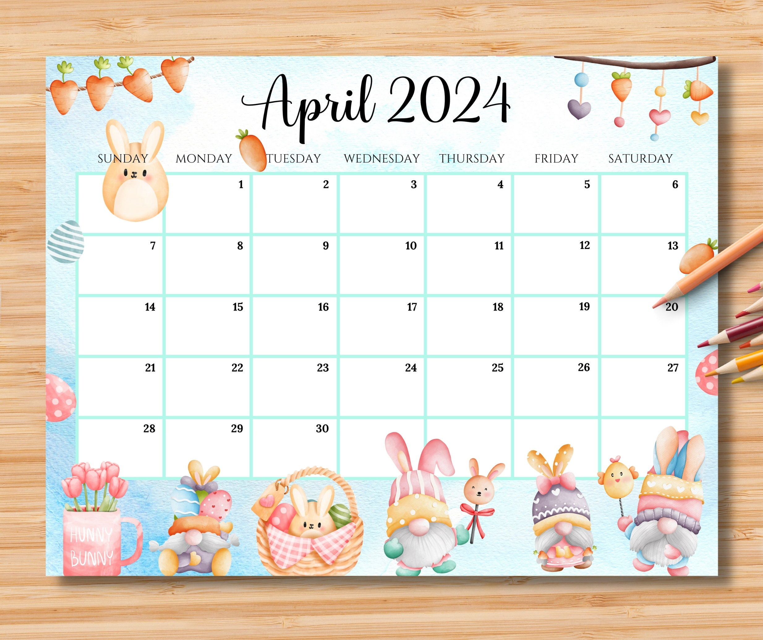 Editable April 2024 Calendar, Happy Easter Day With Cute Gnomes in Editable Calendar April 2024