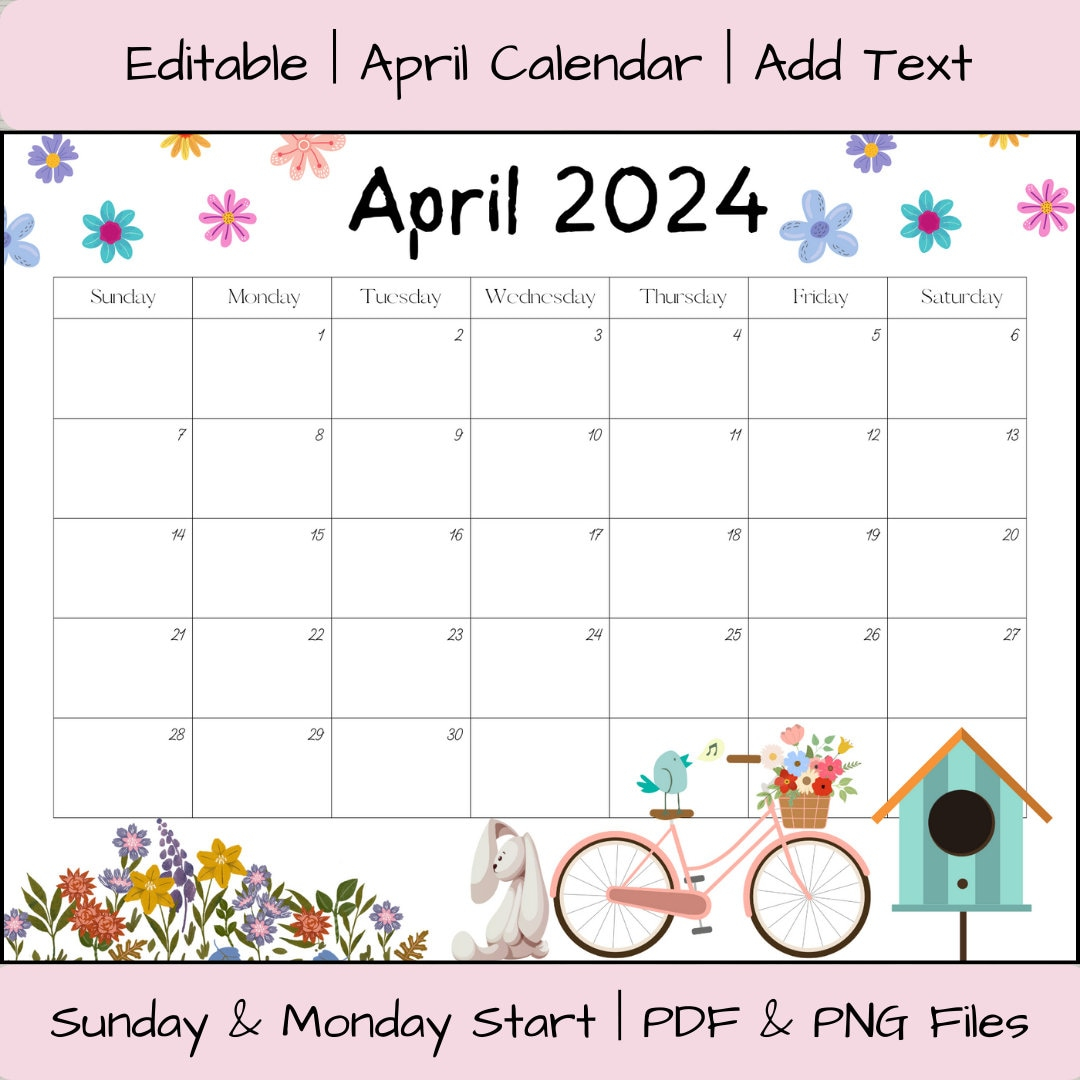 Editable April 2024 Calendar Pdf Template, 2024 Calendar pertaining to April Editable Calendar 2024