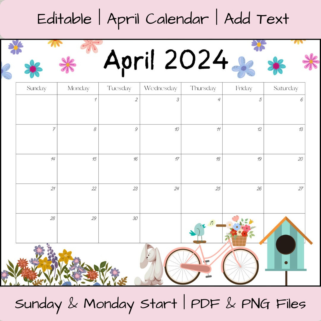 Editable April 2024 Calendar Pdf Template, 2024 Calendar regarding April Calendar 2024 Editable