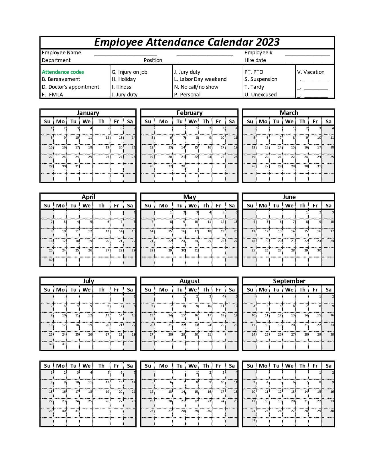 Attendance Calendar 2024 Template Free Printable Calendar 2024