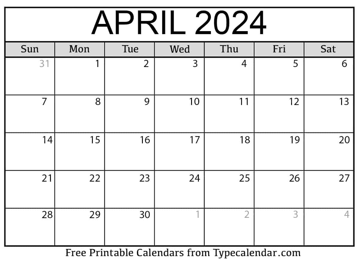 Monthly Calendar April 2024 Printable Calendar 2024