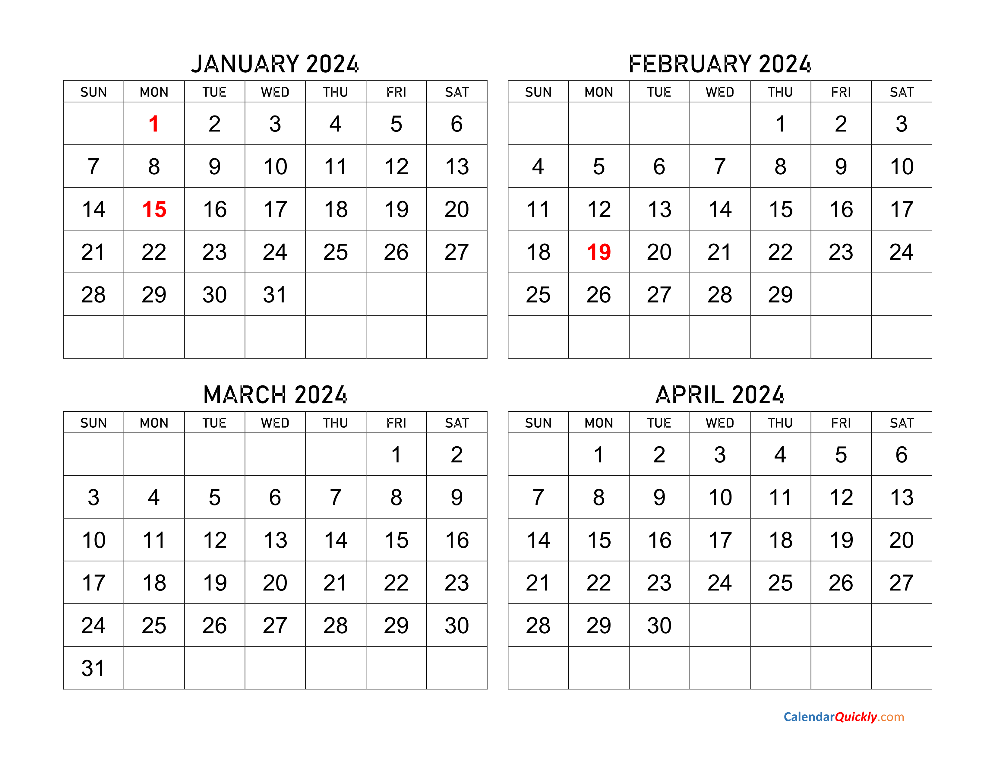 January To April 2024 Calendar | Calendar Quickly within January Through April 2024 Calendar