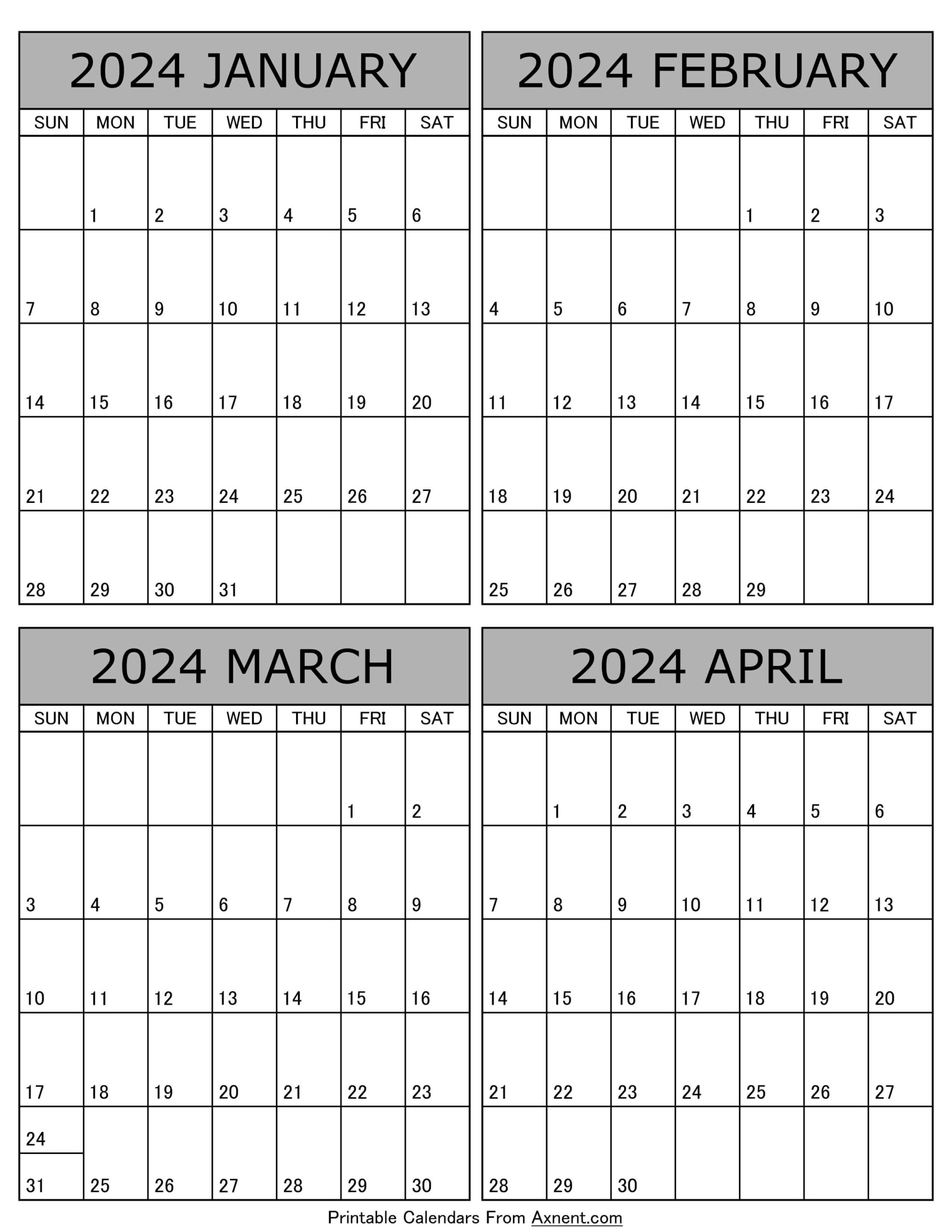 January To April 2024 Calendar Templates - Four Months inside February March April 2024 Calendar