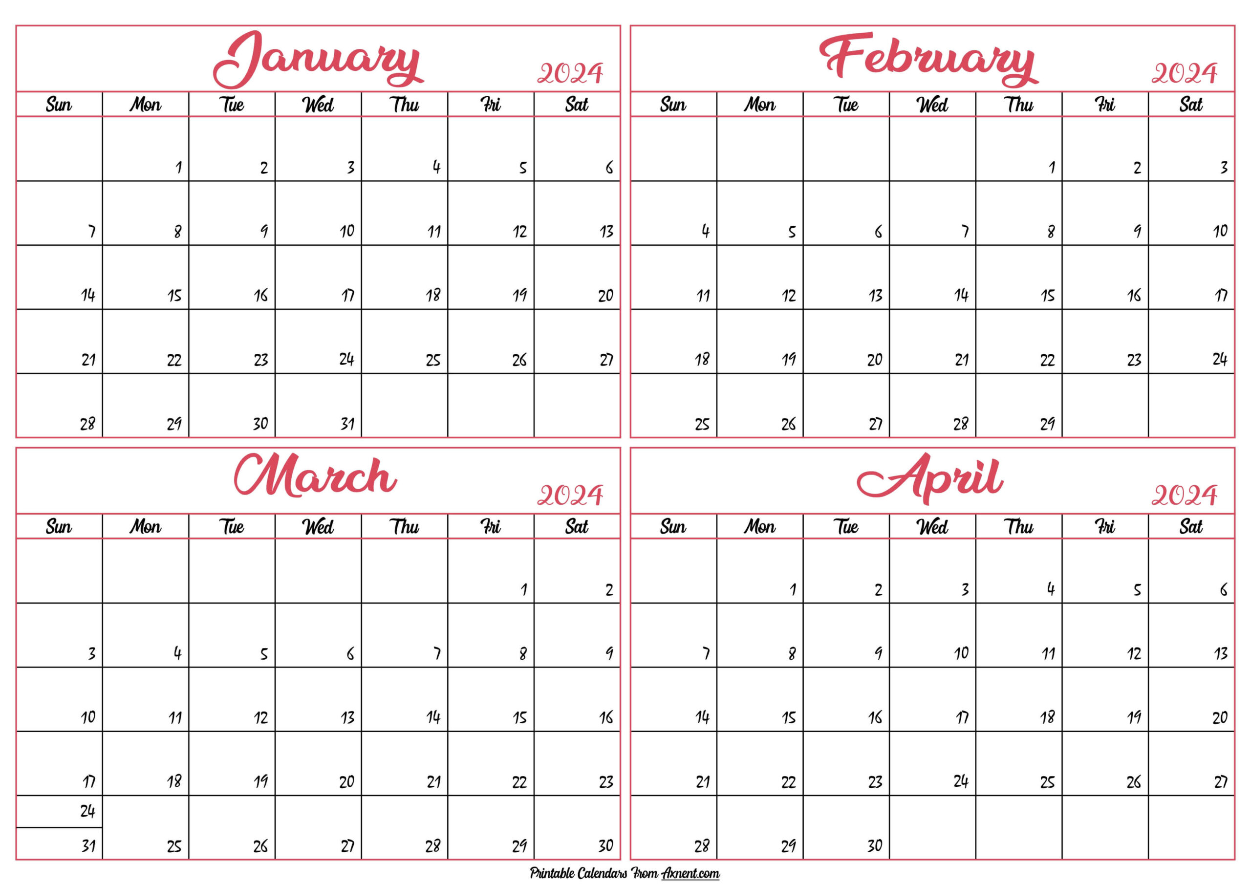 January To April 2024 Calendar Templates - Four Months regarding January Through April 2024 Calendar