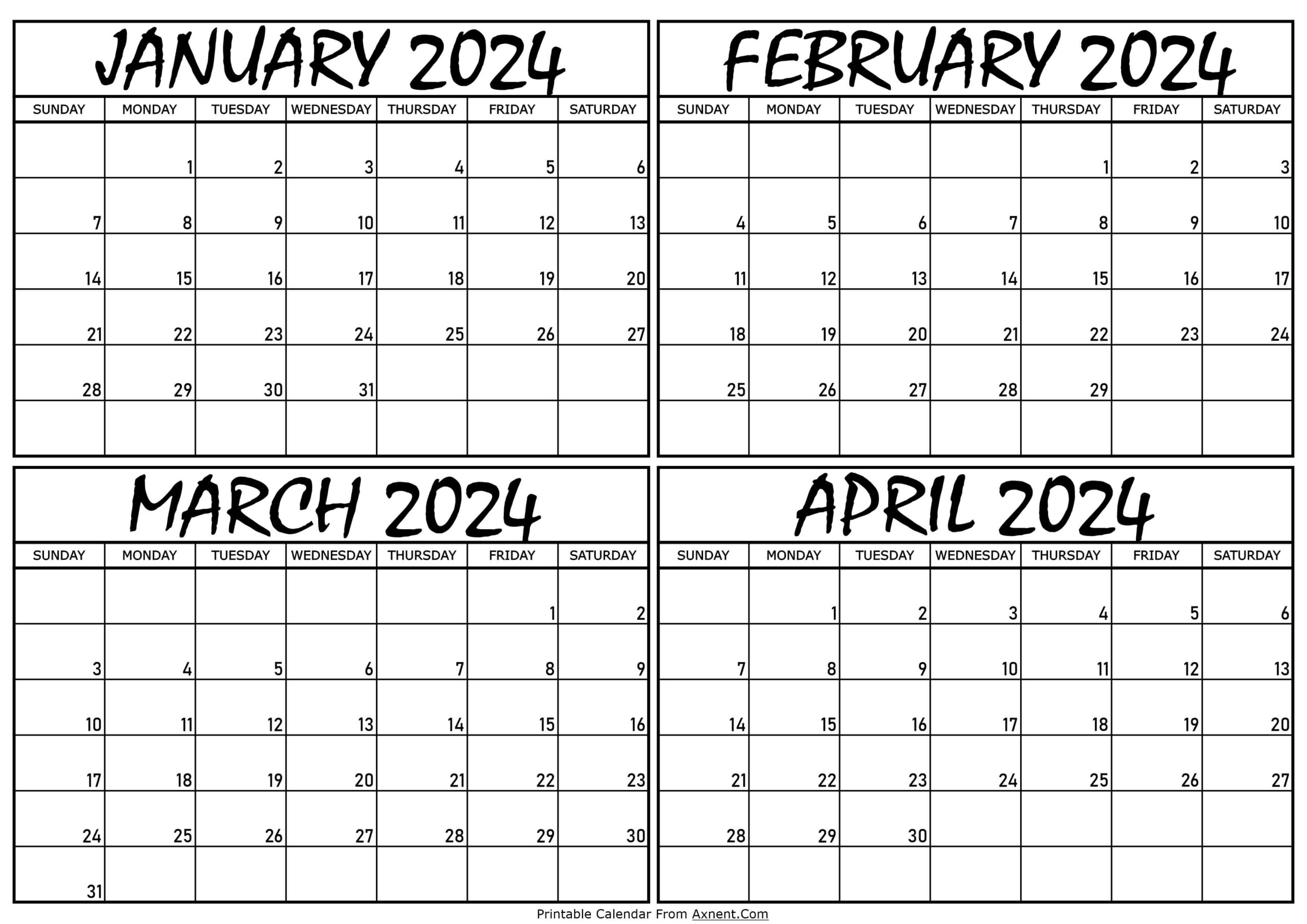 January To April 2024 Calendar Templates - Four Months throughout January Through April 2024 Calendar