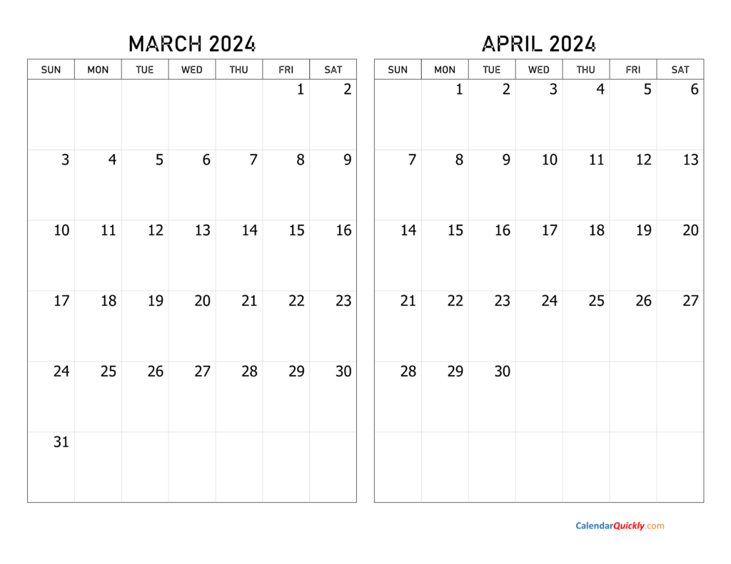 March 2024 And April 2024 Calendar Printable Calendar 2024