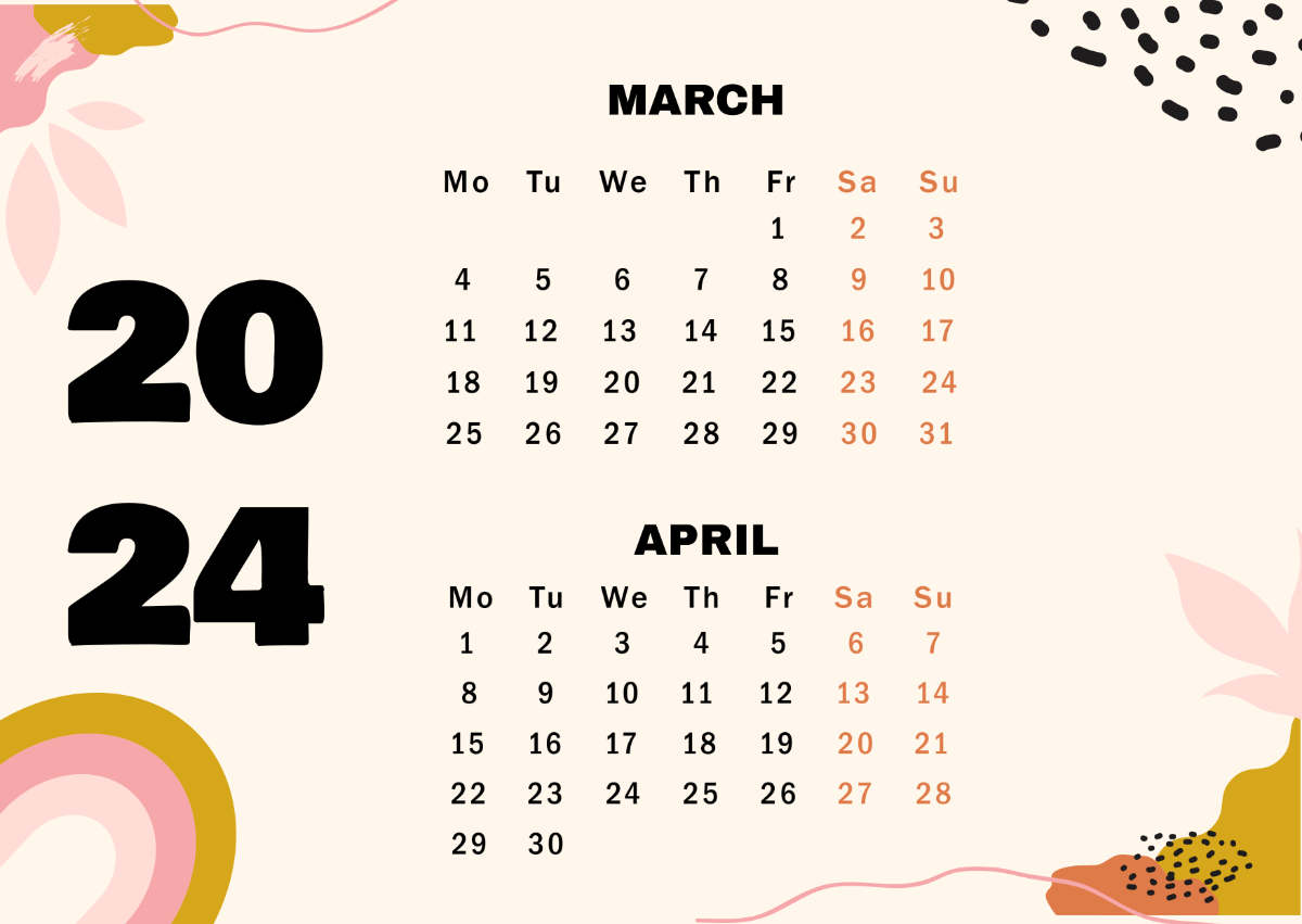 March April 2024 Calendar Template - Edit Online &amp;amp; Download with regard to March And April Calendar 2024