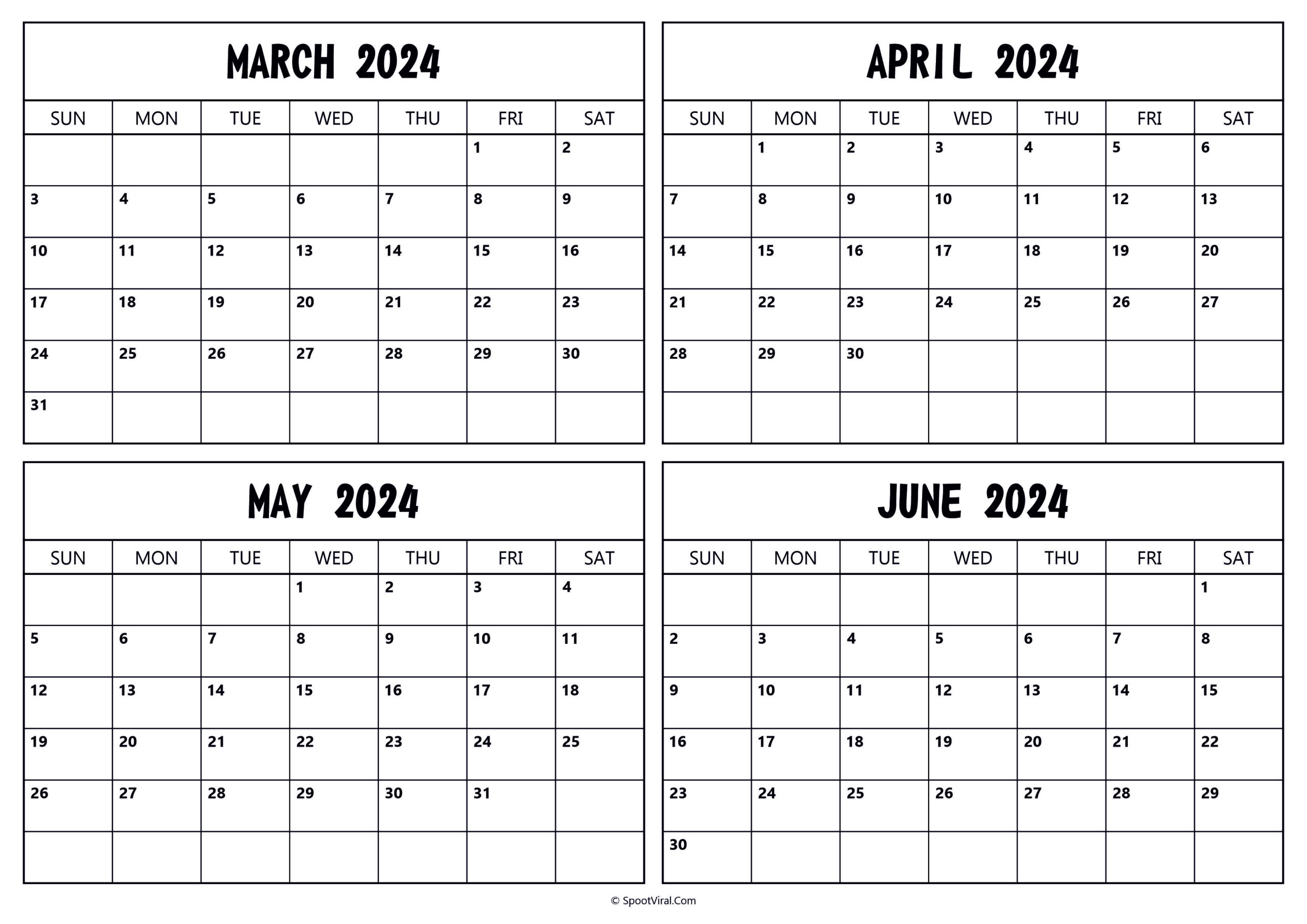 March To June 2024 Calendar Templates- Spootviral with regard to March April May June 2024 Calendar