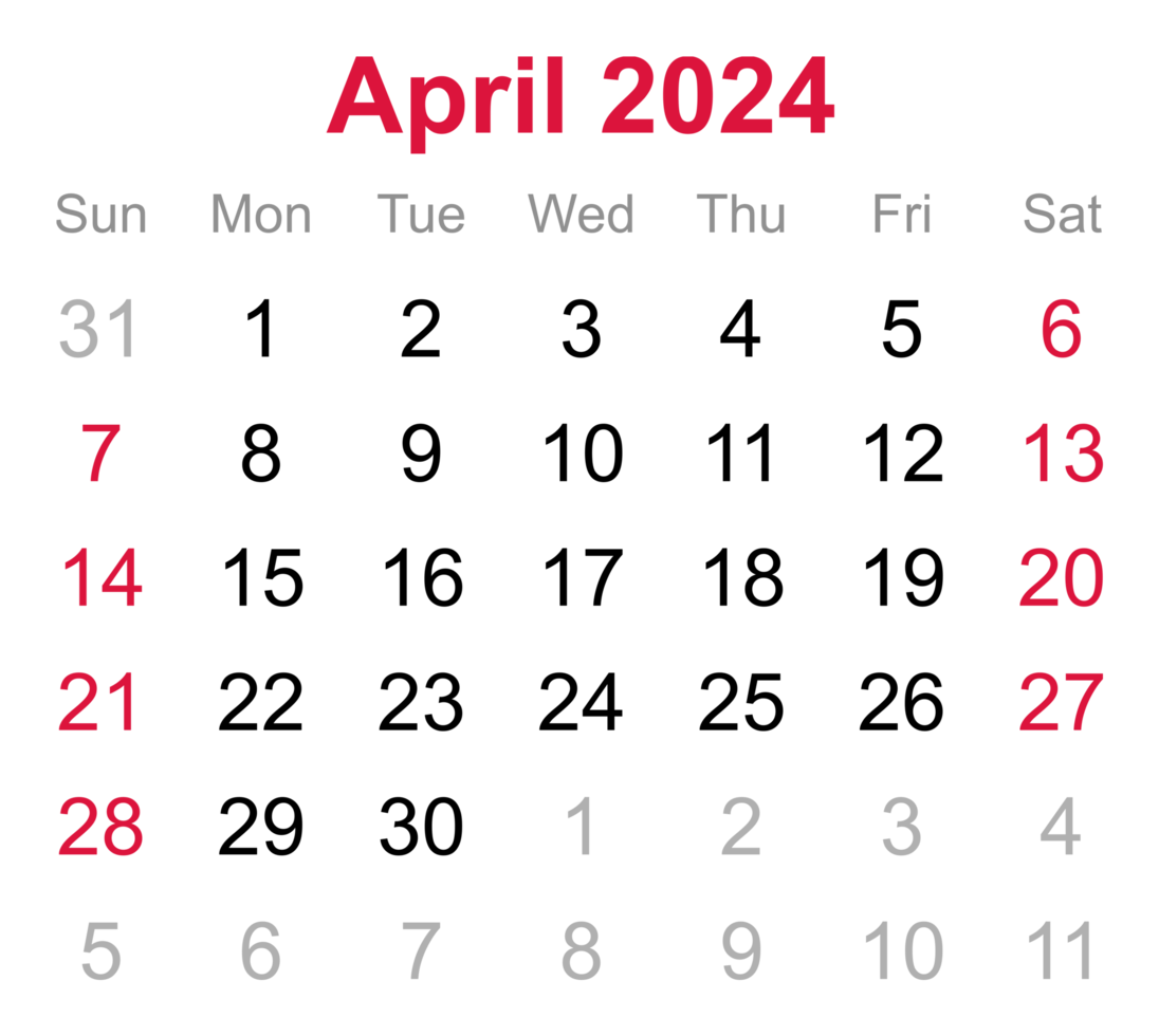 Monthly Calendar Of April 2024 On Transparent Background 18745739 Png within April 2024 Calendar Png