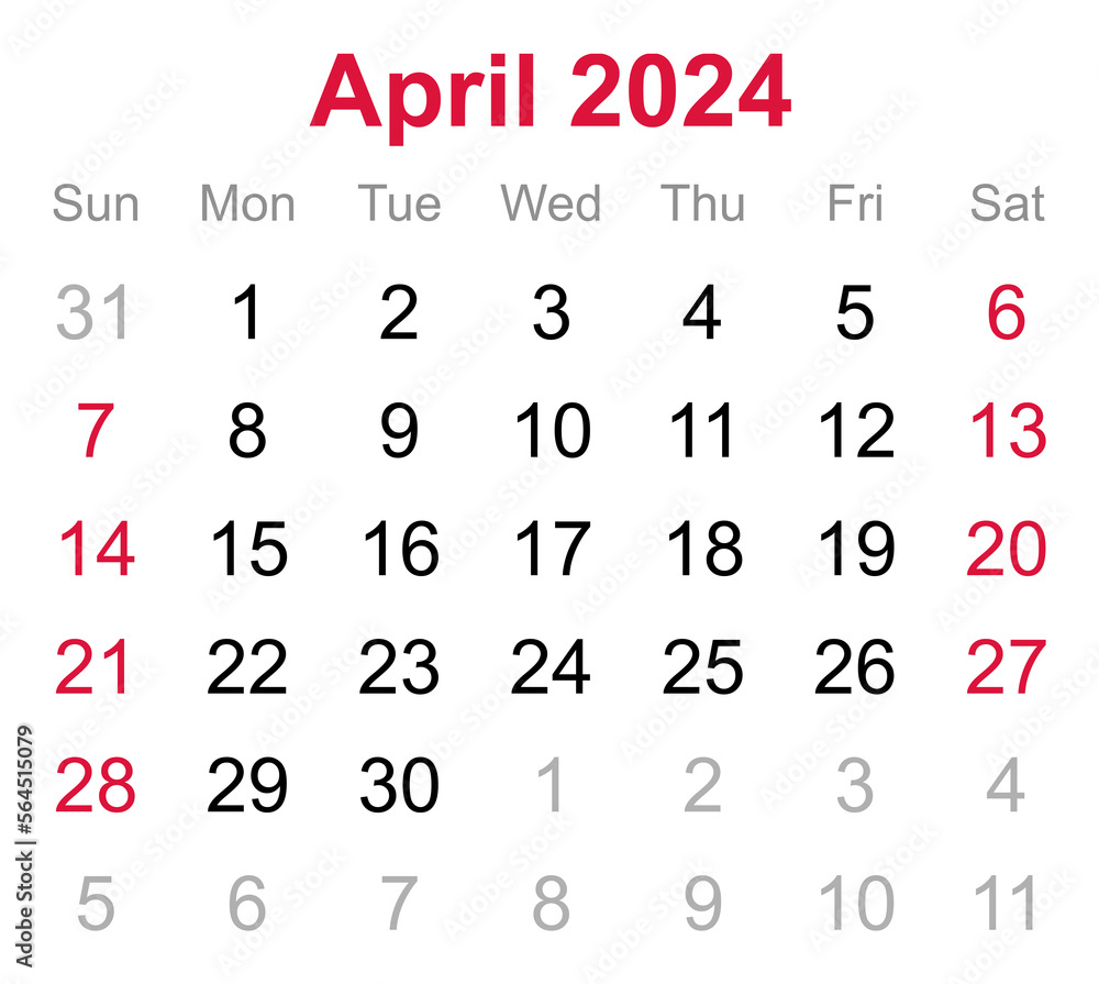 Monthly Calendar Of April 2024 On Transparent Background Stock throughout April 2024 Calendar Png
