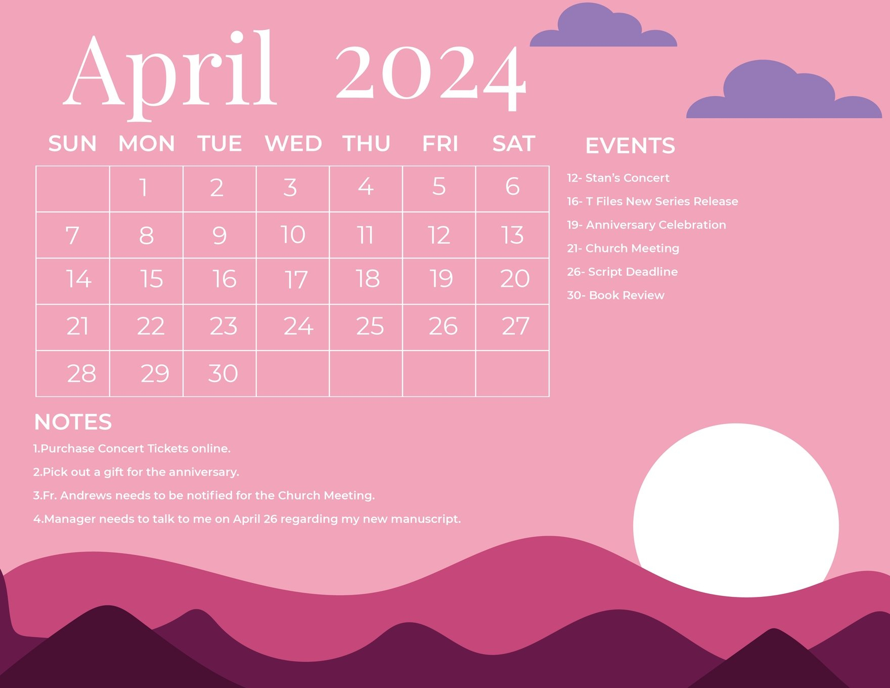 Pink April 2024 Calendar In Eps, Illustrator, Word, Jpg, Svg intended for Pink April 2024 Calendar