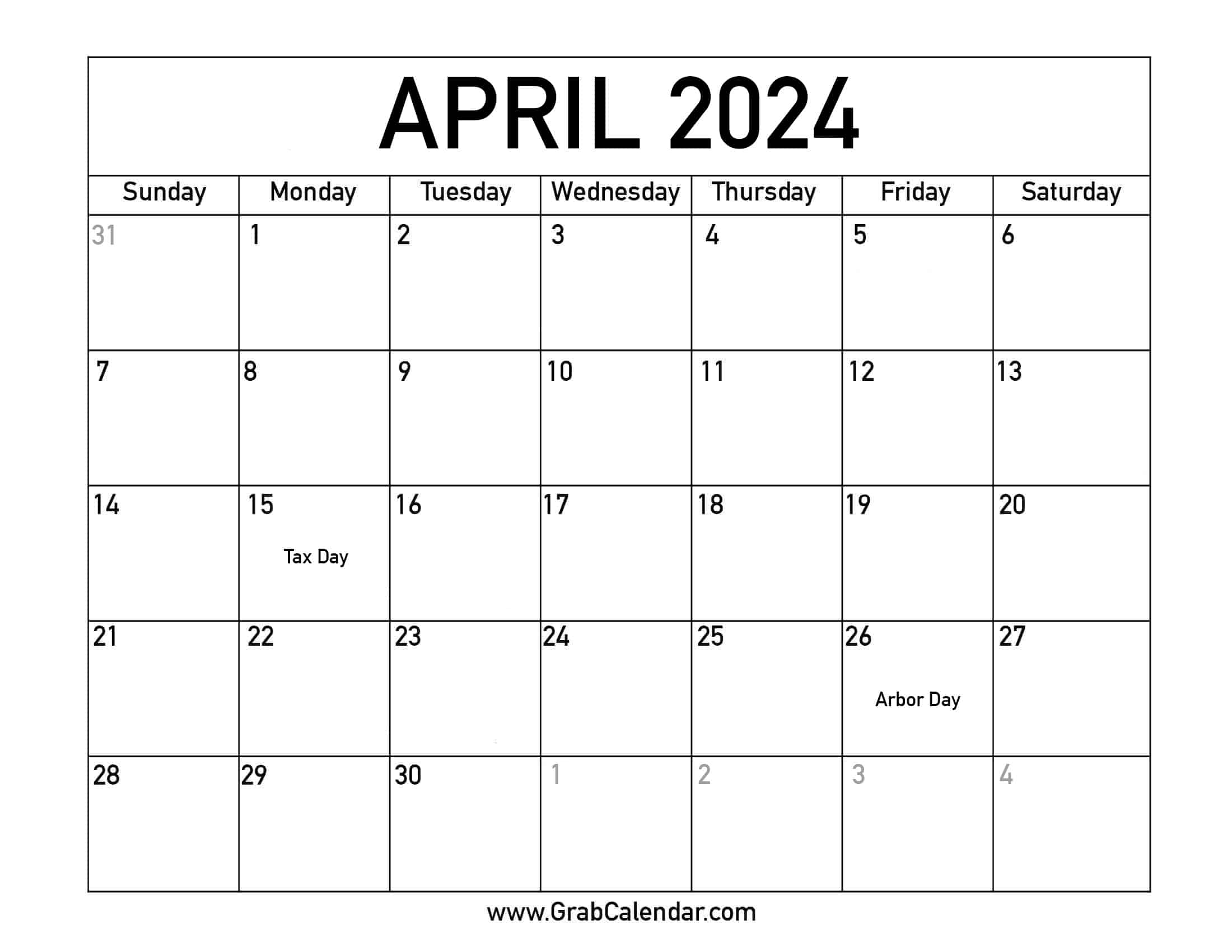 Printable April 2024 Calendar for April Calendar For 2024