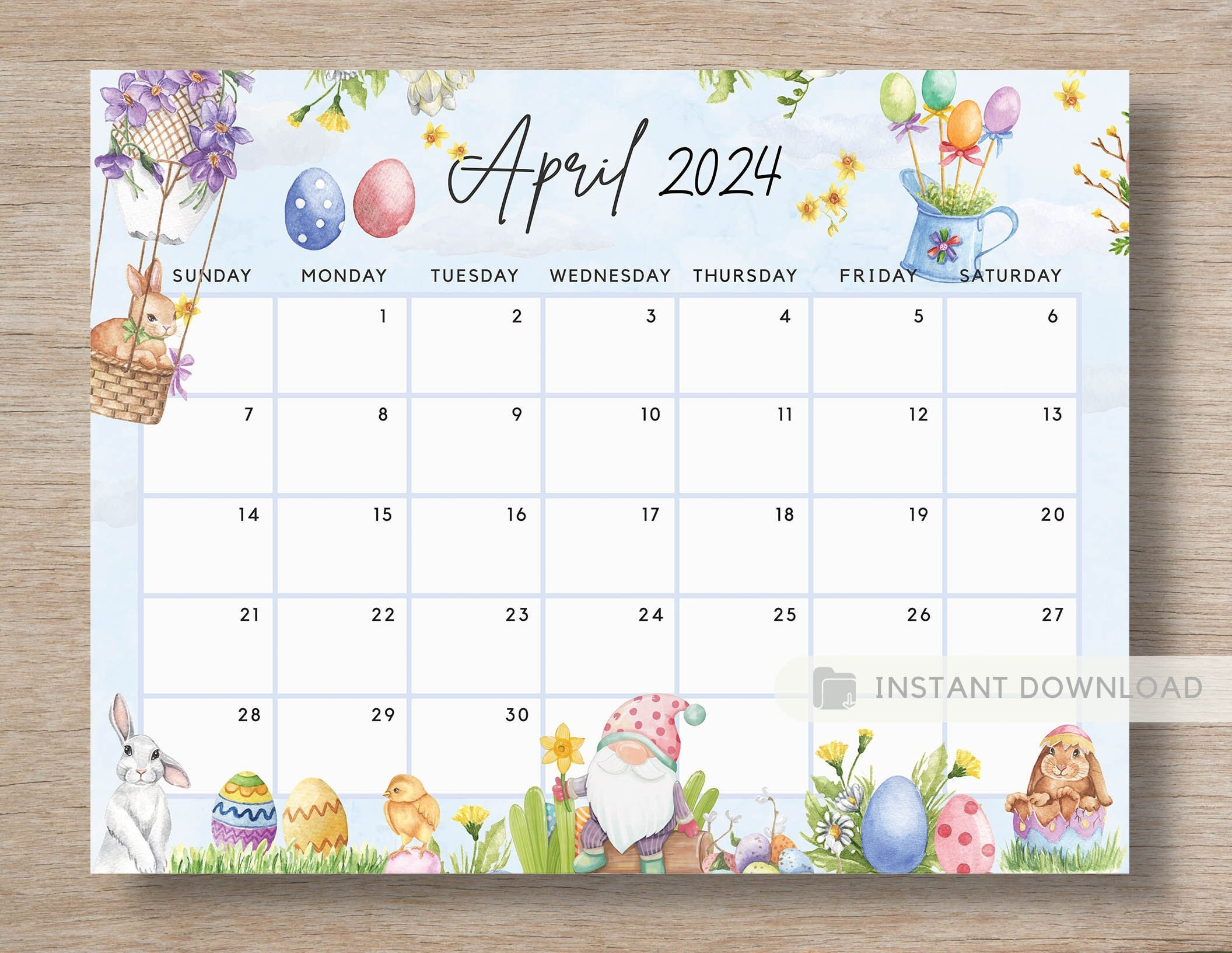 Printable April 2024 Calendar Fun Easter Bunny &amp;amp; Gnome Ediatble pertaining to April 2024 Calendar Easter