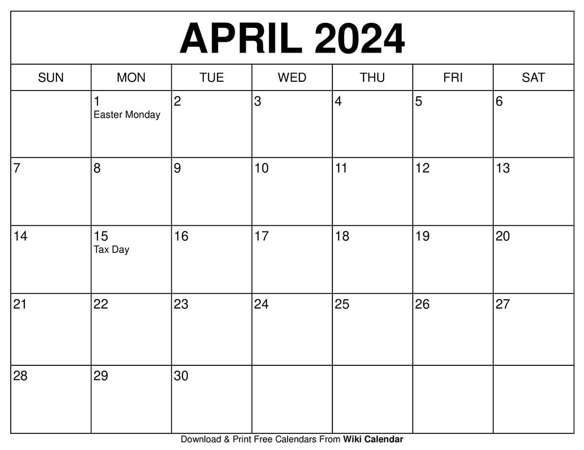Printable April 2024 Calendar Templates With Holidays in Wiki Calendar April 2024