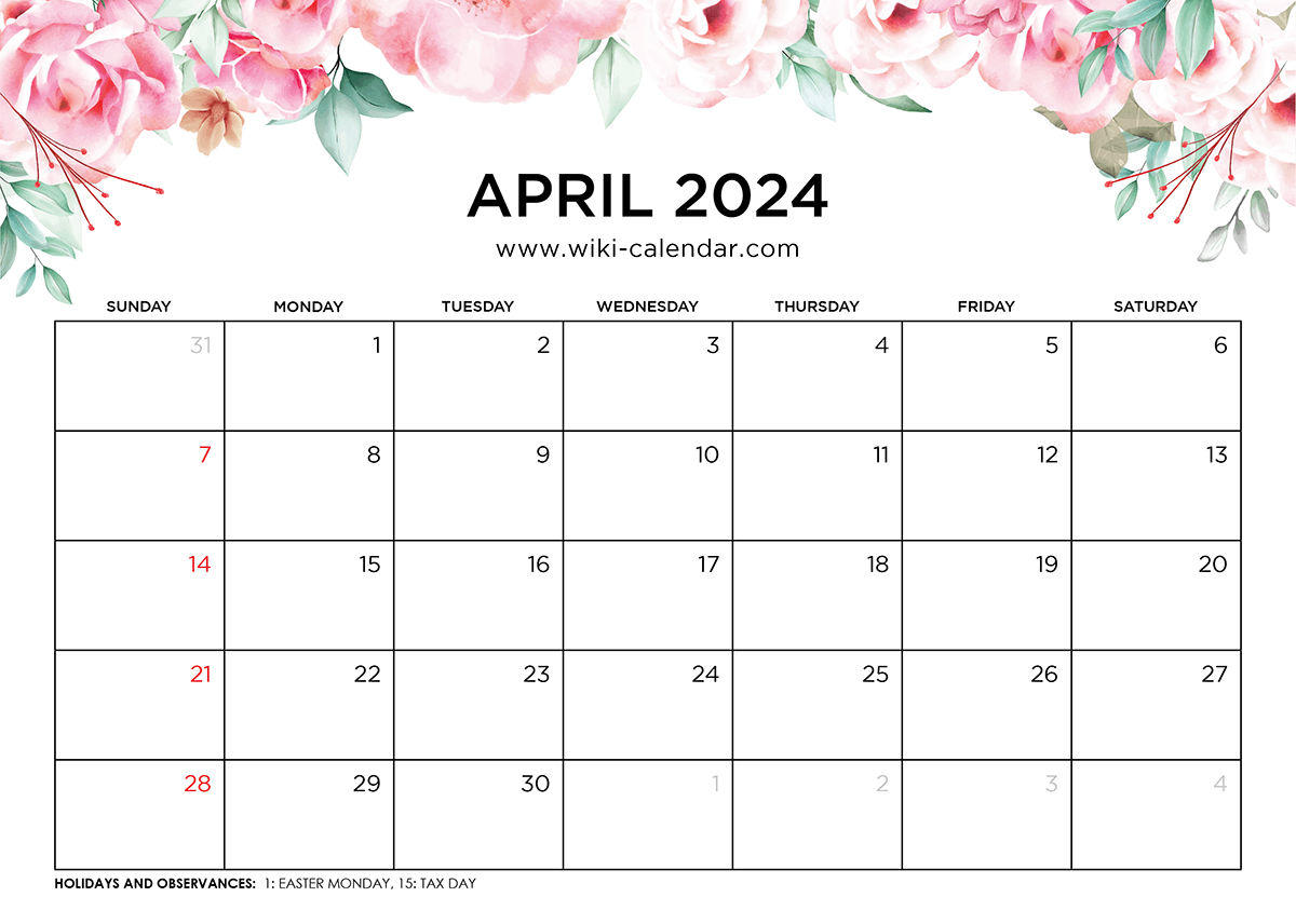 Printable April 2024 Calendar Templates With Holidays with regard to April 2024 Calendar Wiki