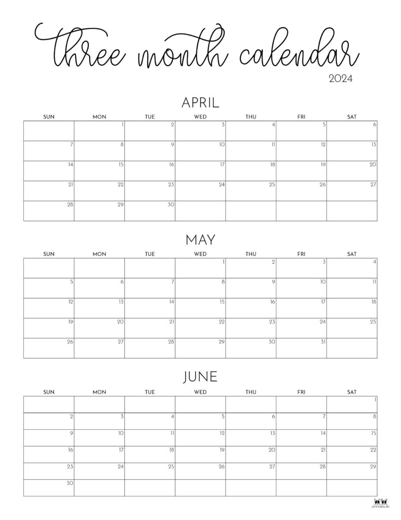 Three Month/Quarterly Calendars - 36 Free Calendars | Printabulls for Calendar April May June 2024