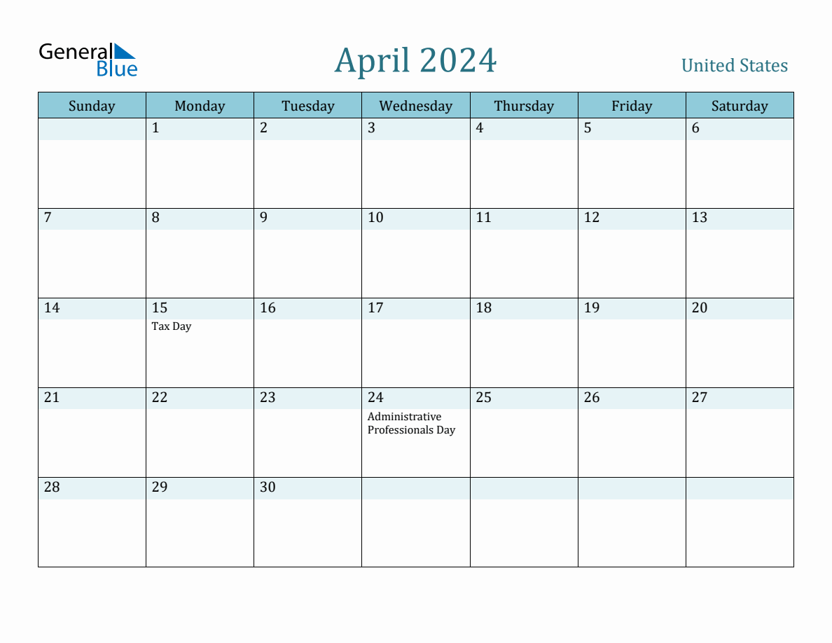 United States Holiday Calendar For April 2024 with regard to General Blue April 2024 Calendar