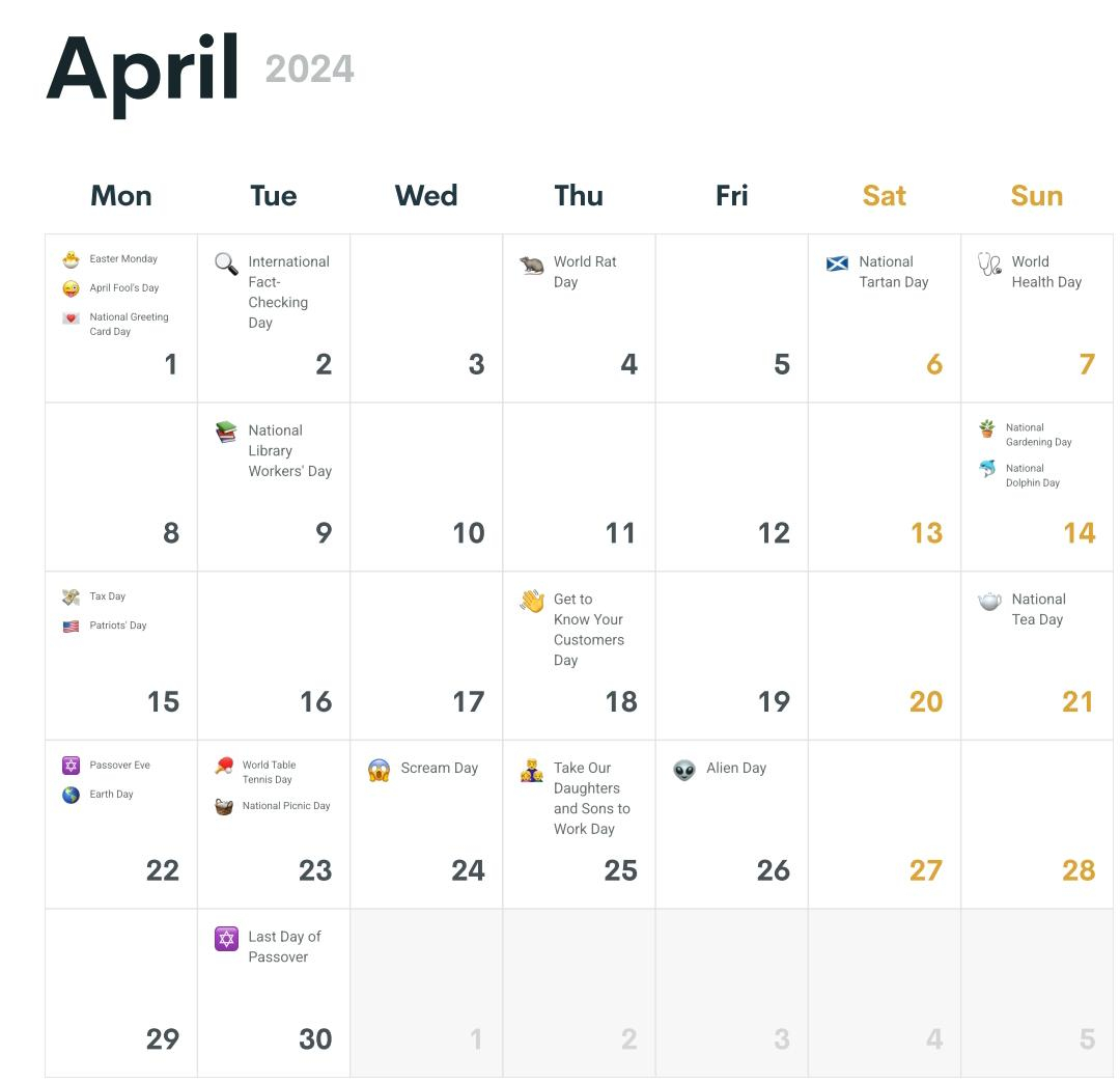 Upcoming Events In April, 2024 For Seasonal Pod Designs : R/Printify throughout April 2024 Calendar Events