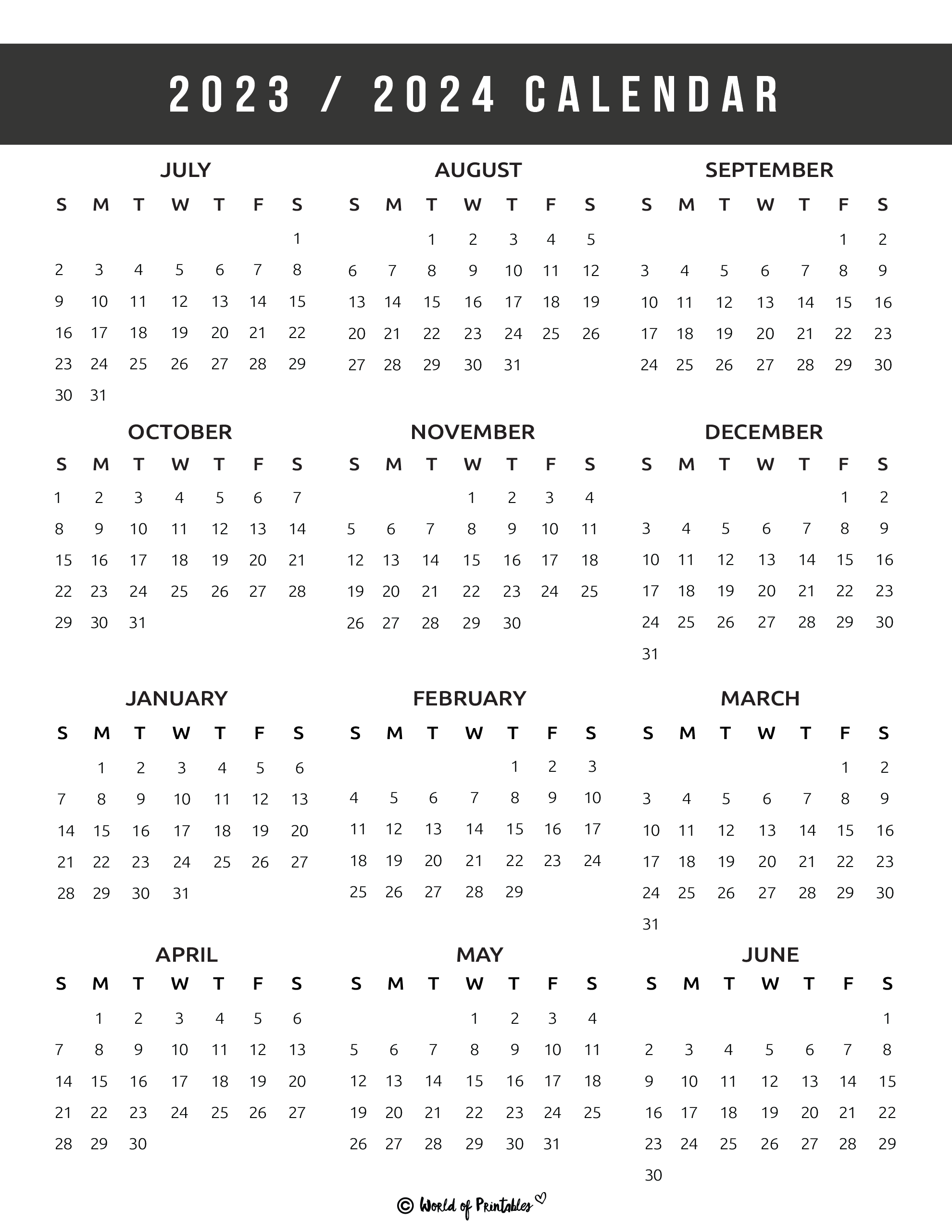 2023 2024 Calendar Free Printables - World Of Printables inside June 2023 - May 2024 Calendar