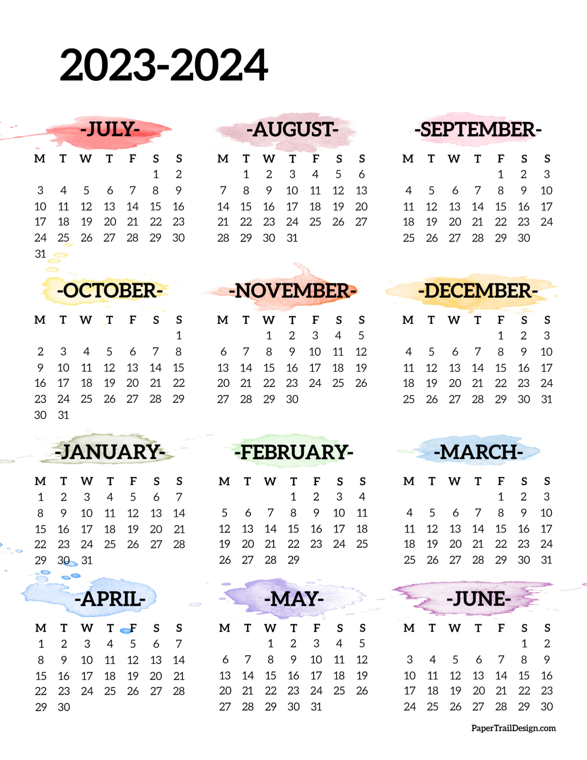 2023-2024 School Year Calendar Free Printable - Paper Trail Design in Calendar August 2023-June 2024