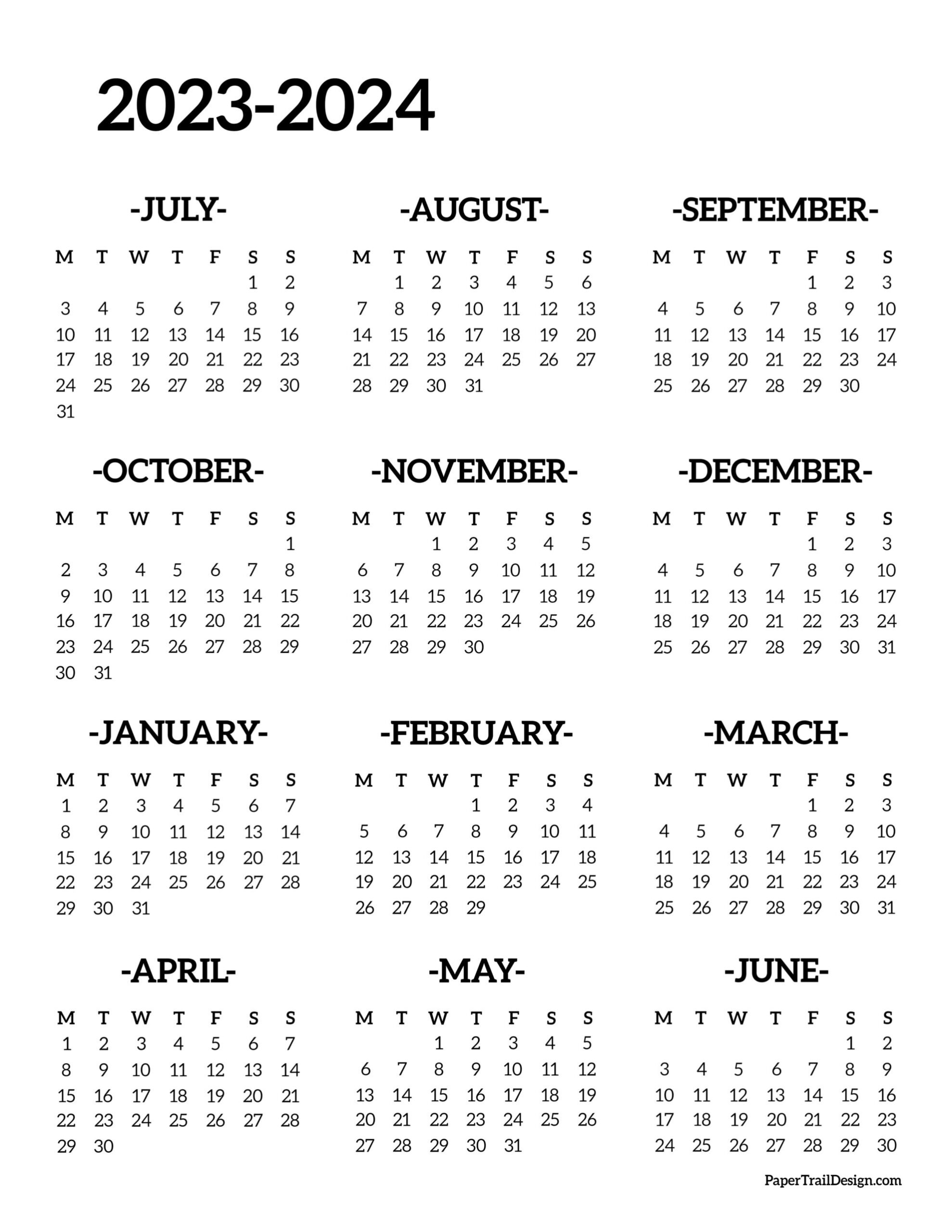 2023-2024 School Year Calendar Free Printable - Paper Trail Design in Calendar June 2023 - May 2024