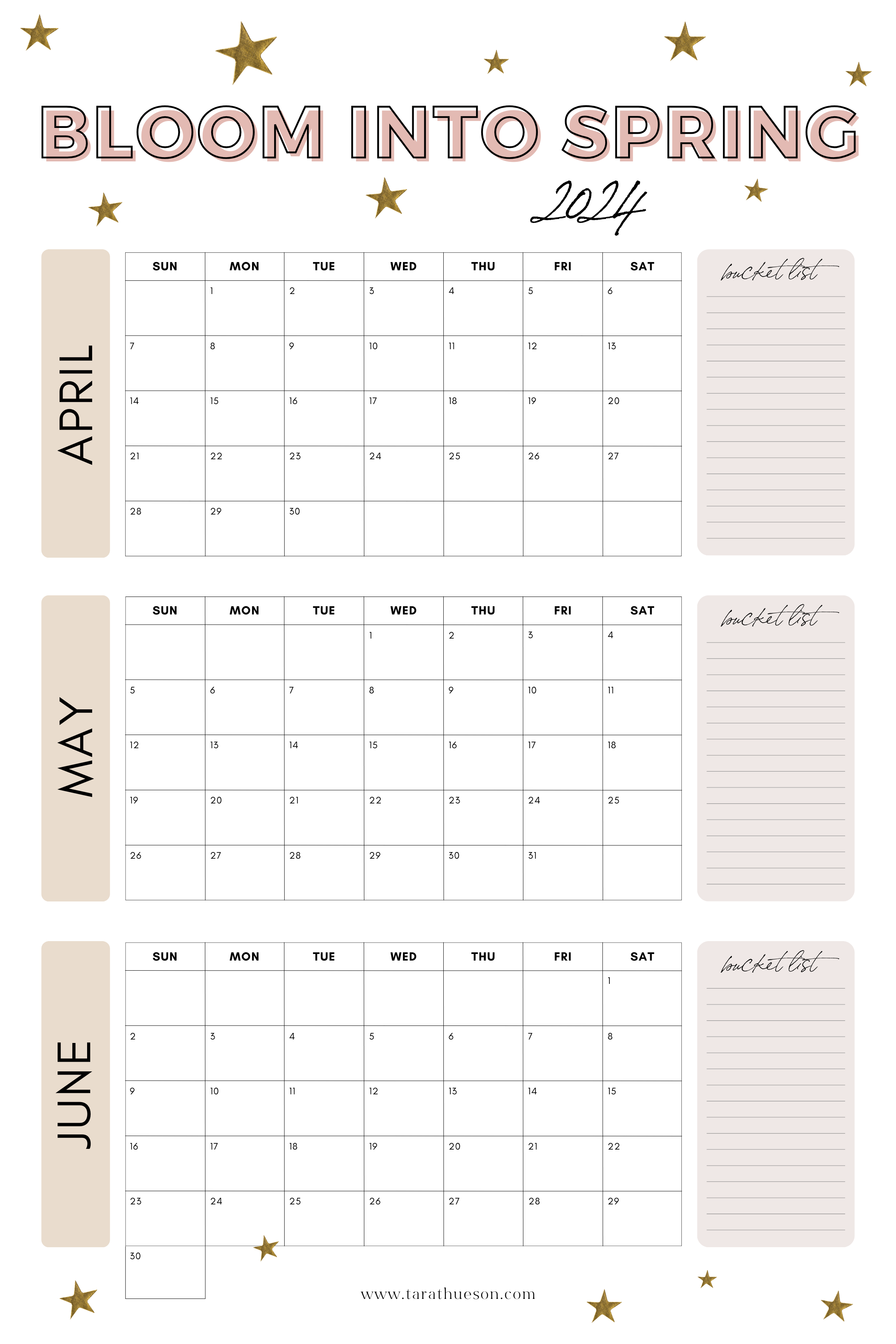 2024 April - June Calendar - Free Printable – Tara Thueson throughout Calendar 2024 April May June