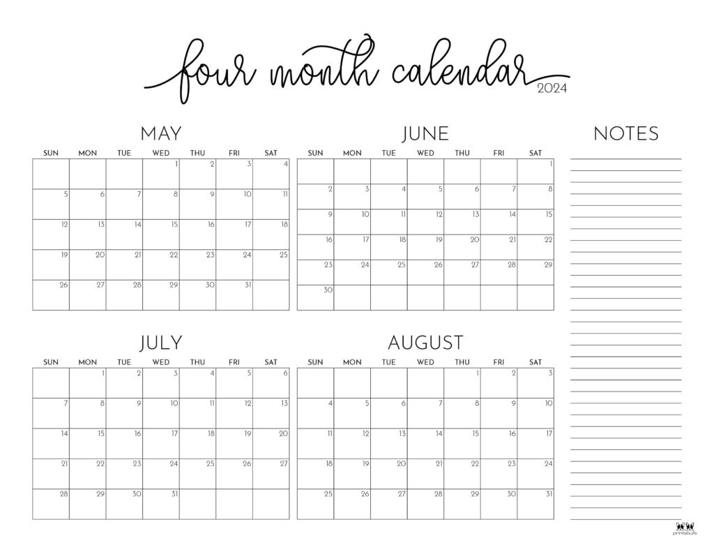 2024 Four Month Calendars - 18 Free Printables | Printabulls in May June July August 2024 Calendar
