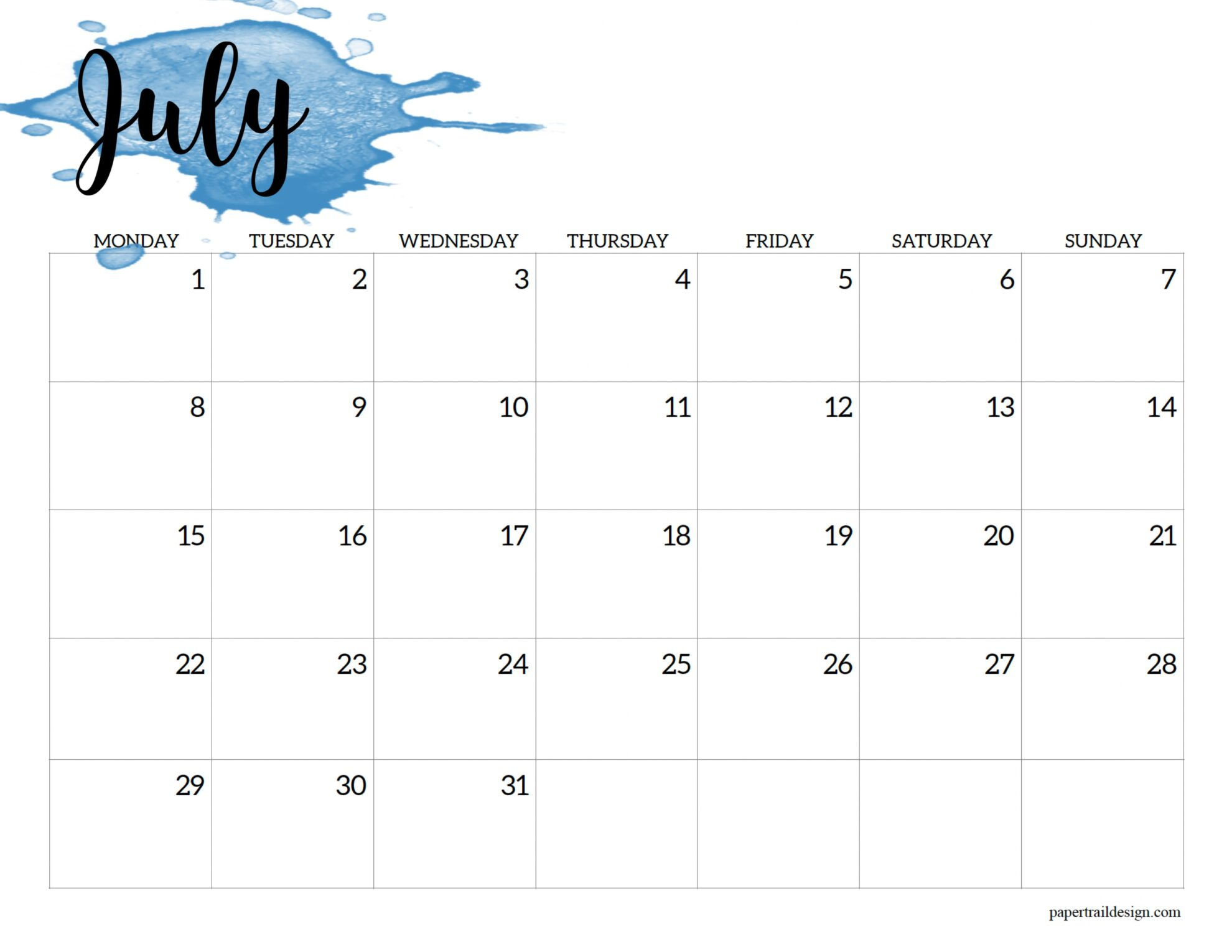 2024 Monday Start Calendar Printable - Watercolor - Paper Trail Design for July 2024 Calendar Monday Start
