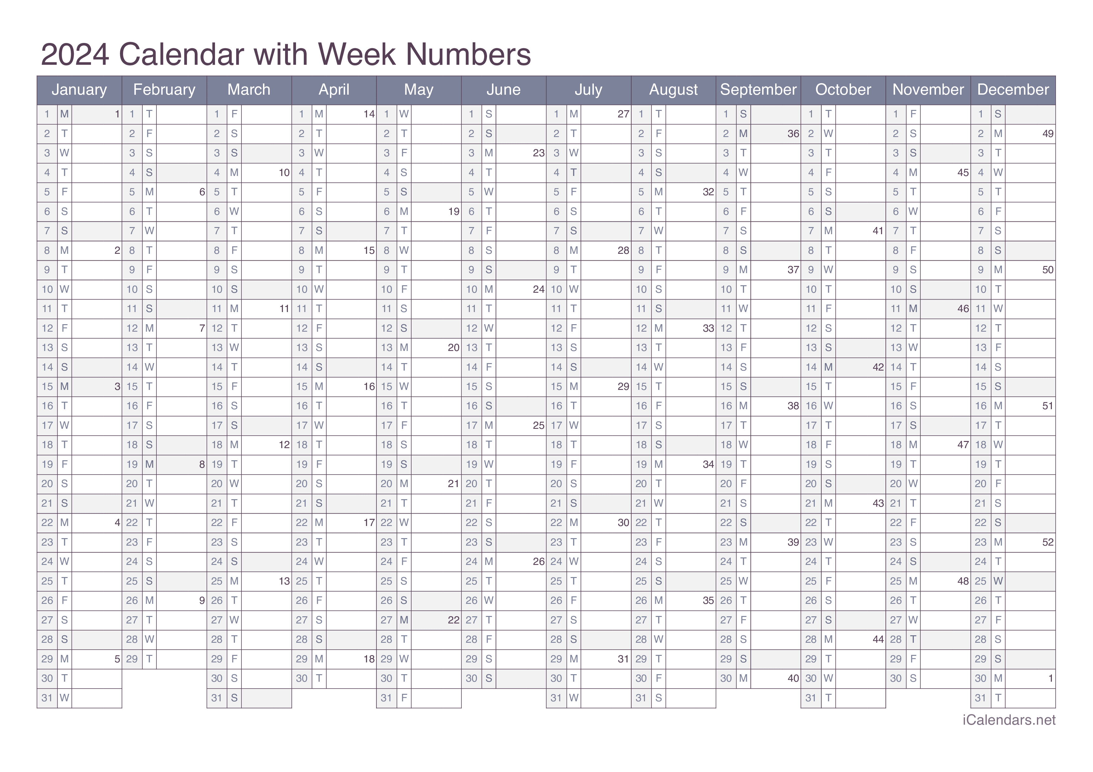 2024 Printable Calendar - Pdf Or Excel pertaining to Julian Week Calendar 2024