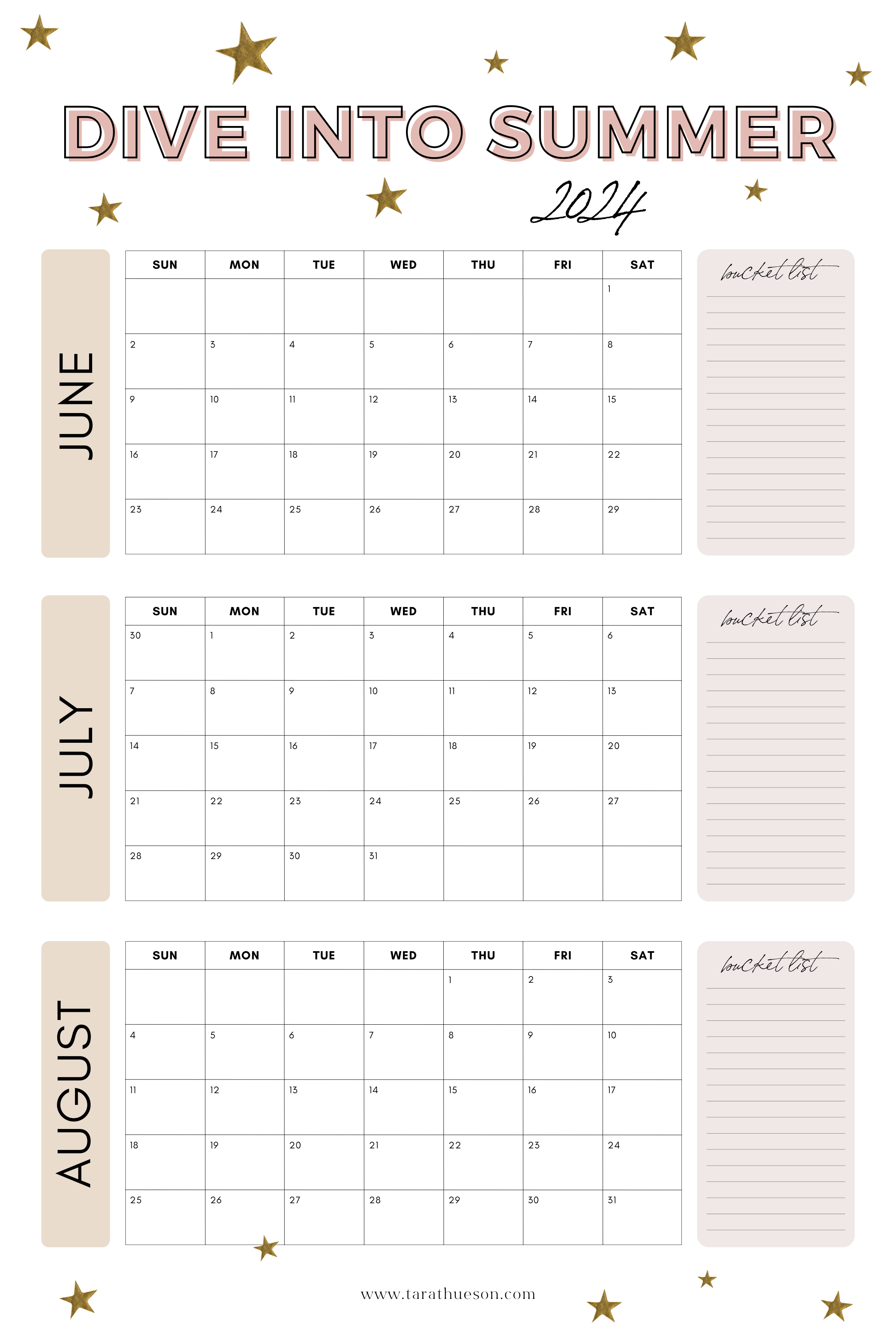 2024 Summer Calendar - Free Printable – Tara Thueson pertaining to Summer 2024 Calendar June July August