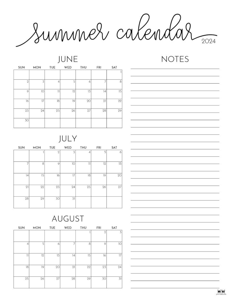 2024 Summer Calendars - 18 Free Printables | Printabulls for 2024 June July August Calendar