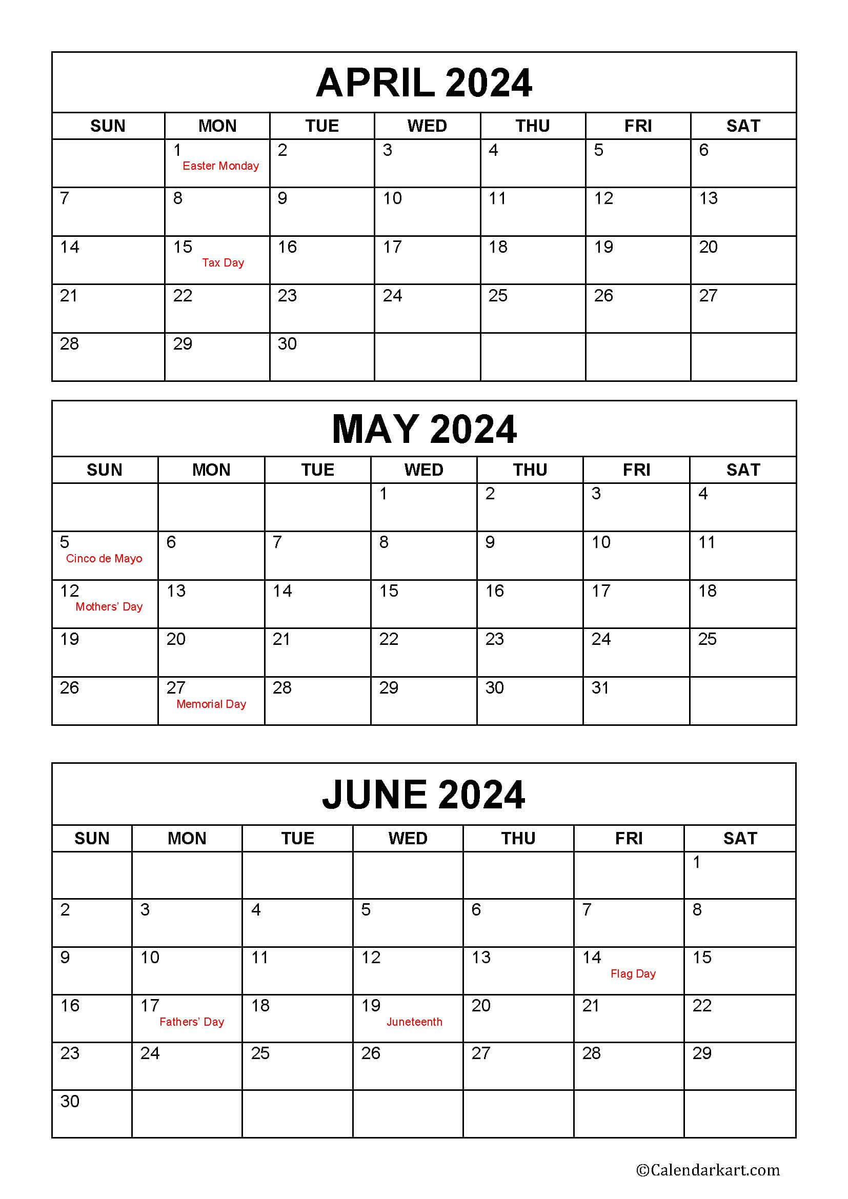 April To June 2024 Calendars (Q2): Free Printables - Calendarkart intended for April May June 2024 Calendar With Holidays