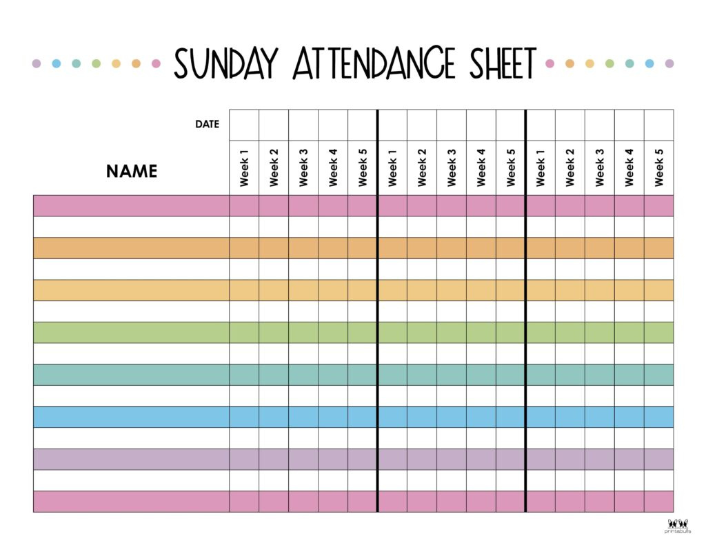 Attendance Sheets - 52 Free Printables | Printabulls inside Sunday School Attendance 2024